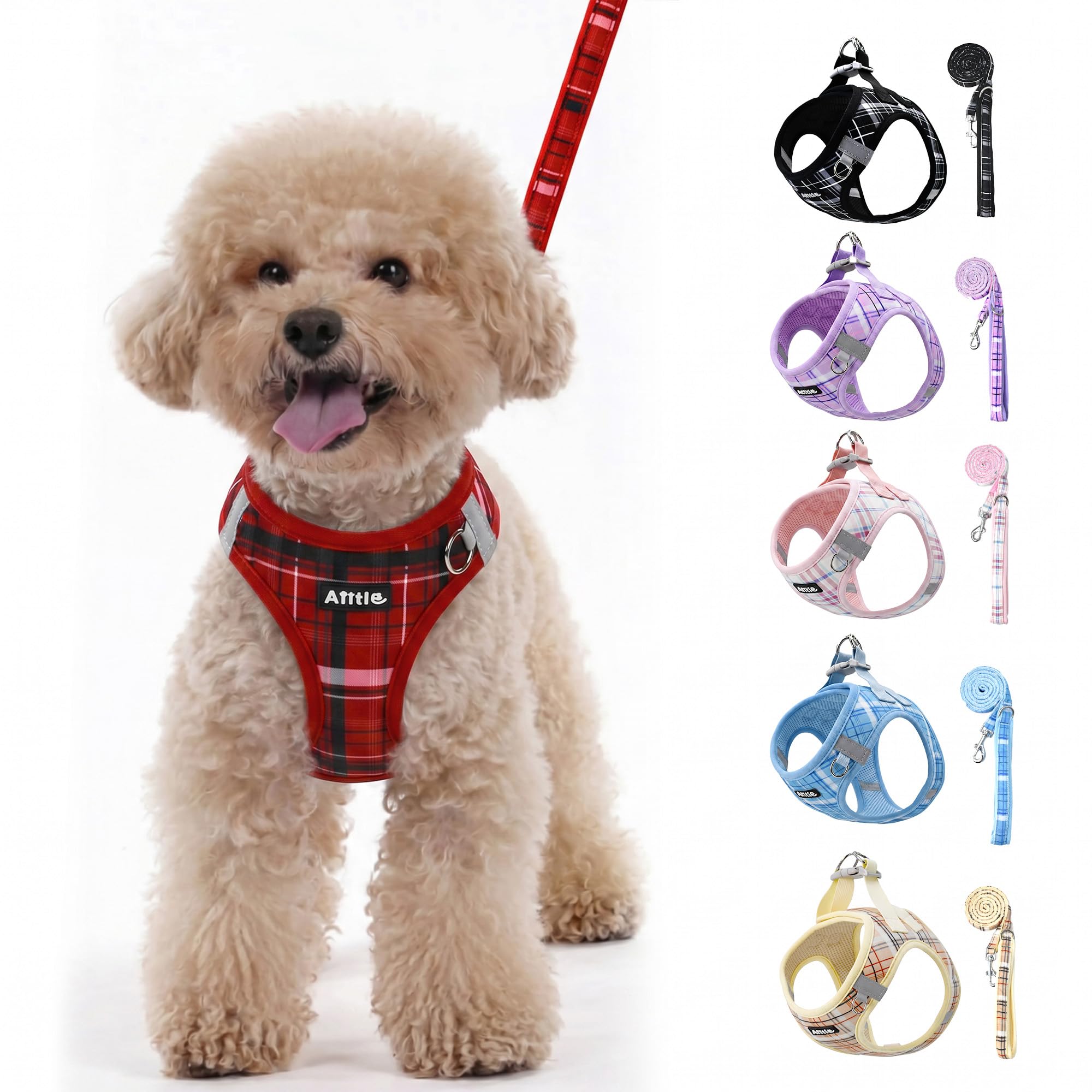 AIITLE Dog Harness Leash Set for Medium Dogs, Step in No Choke Reflective Adjustable Vest Harness with Leash, Breathable Plaid No Pull Harness for Walking, Running, Hiking, Camping, Red L