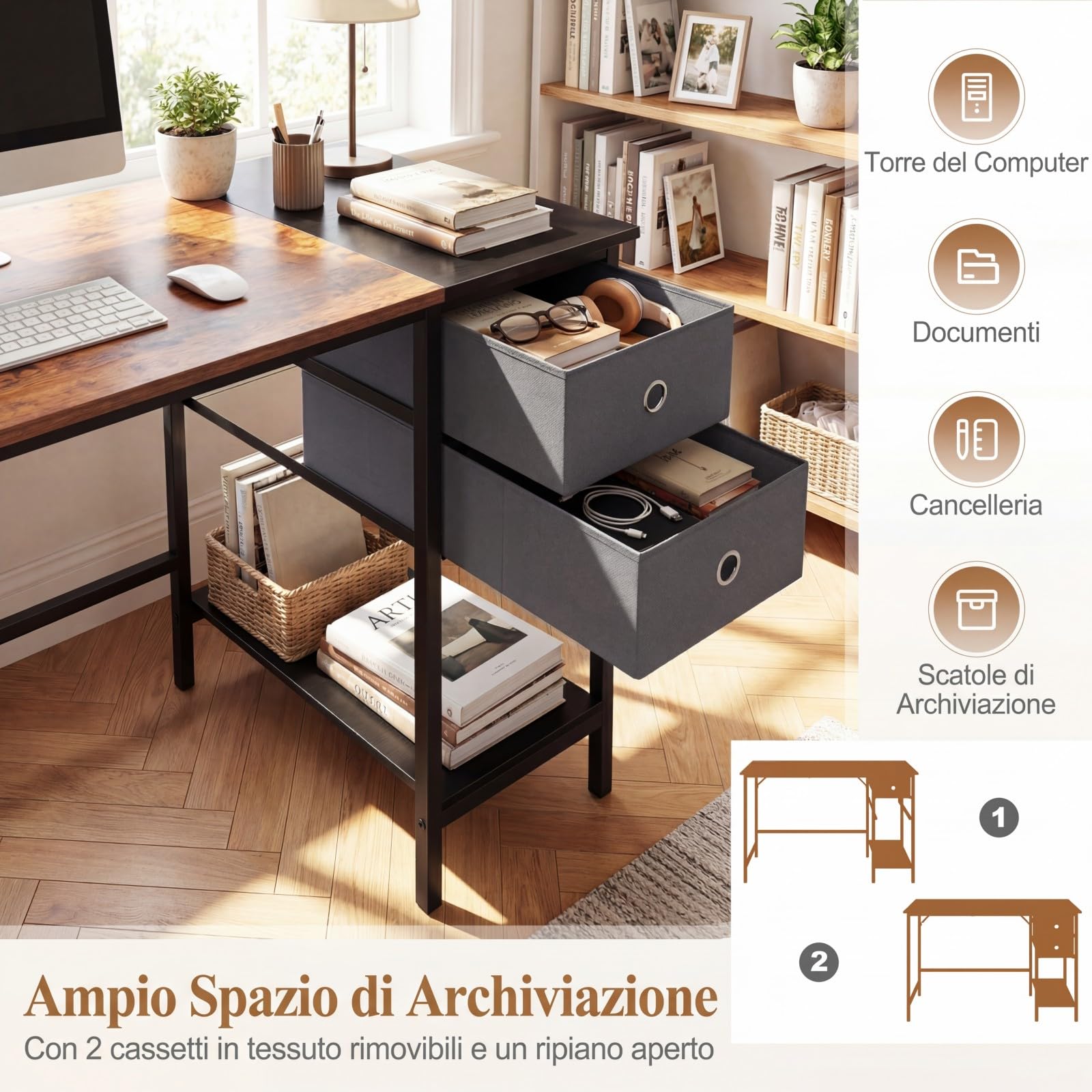 COSTWAY Scrivania per Computer, 120 x 60 x 75 cm, Scrivania Ufficio con 2 Cassetti e Ripiano, Tavolo Postazione di Lavoro, Studio e Lettura, Scrittoio Salvasapzio in Legno e Metallo (Marrone)
