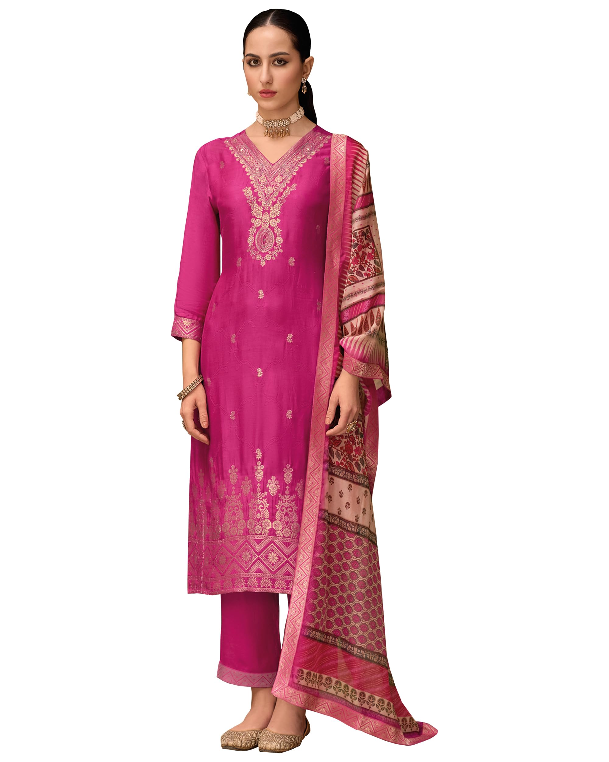 VredeVogel Women's Viscose Self Jacquard Kurta with Pant & Organza Digital Print Dupatta Set