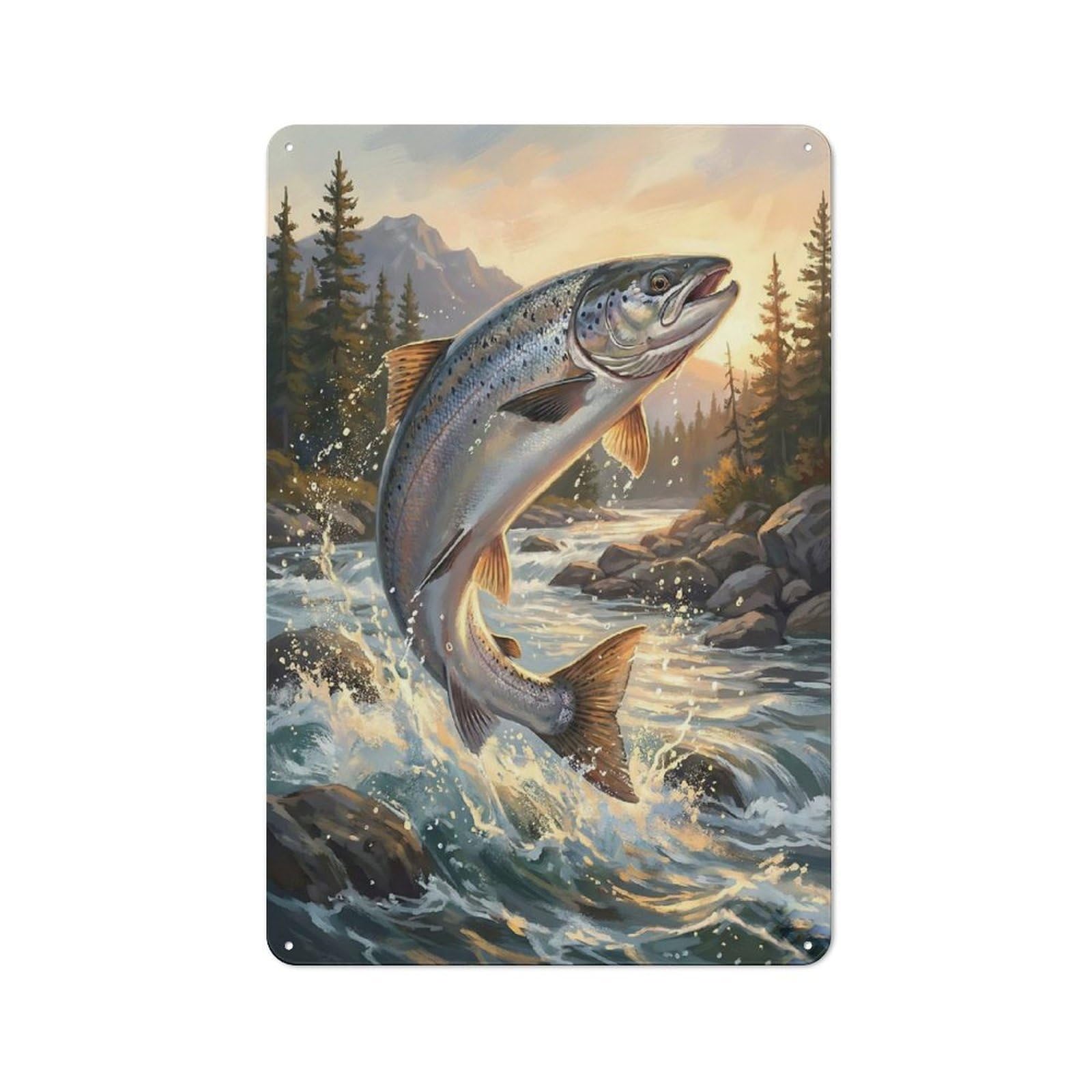 Junmoney Style Tin Wall Sign With Salmon Leaping From River Painting Design 30X20cm, Classic Kitchen Wall Decor For Restaurant, Kitchen, Counter Or Breakfast Nook