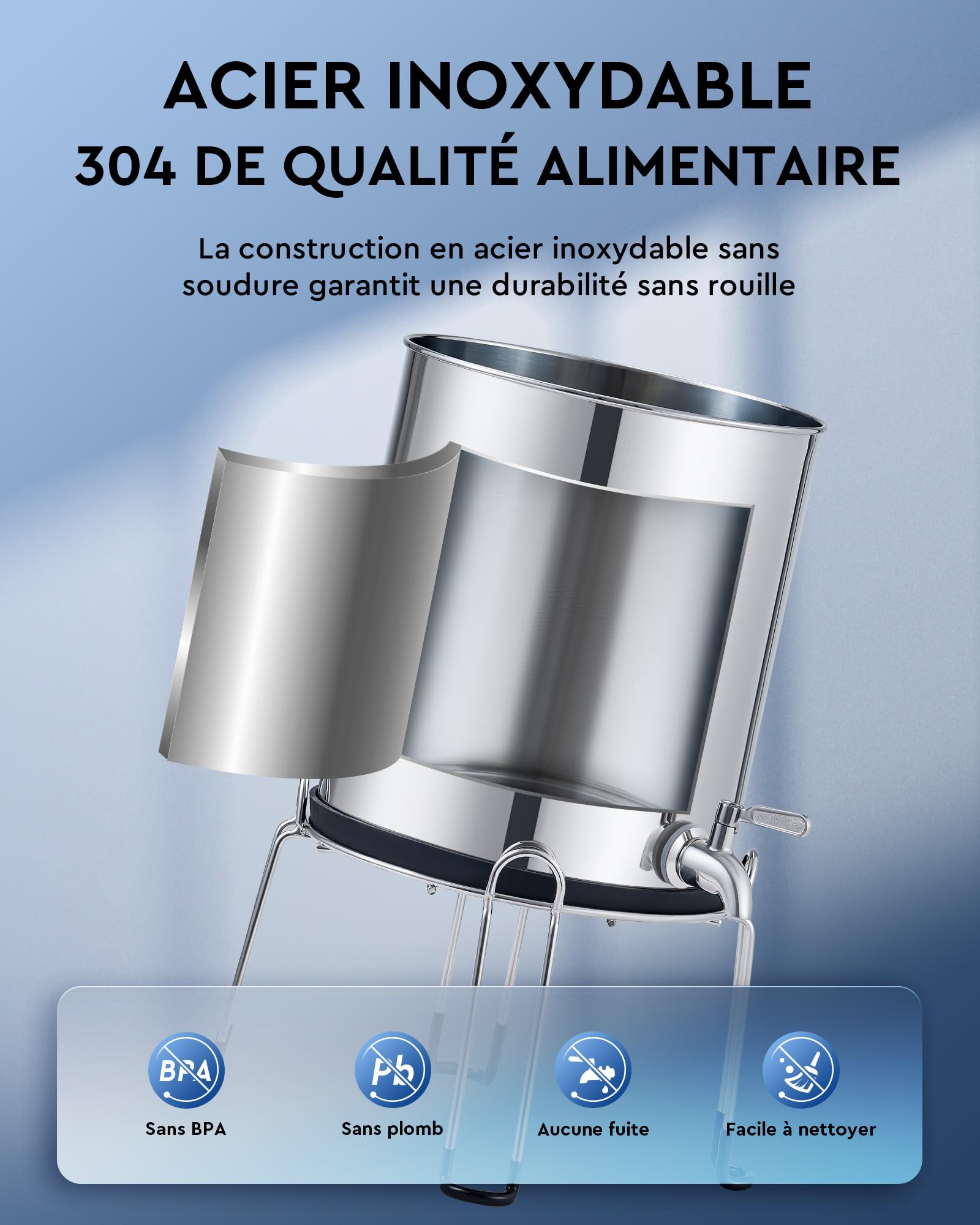 CO-Z 8,5L Système de Filtration d'Eau par Gravité en Acier Inoxydable 304 Purificateur d'Eau avec 2 Filtres à Carbone Robinet d'Eau Support Inclus, Certification NSF/ANSI 42