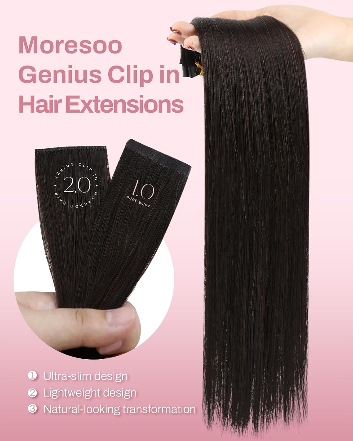 Moresoo Seamless Clip in Hair Extensions Real Human Hair Dark Brown Genius Clip in Human Hair Extensions PU Skin Clips in Extensions Human Hair Soft Smooth 14Inch 110G 7Pcs