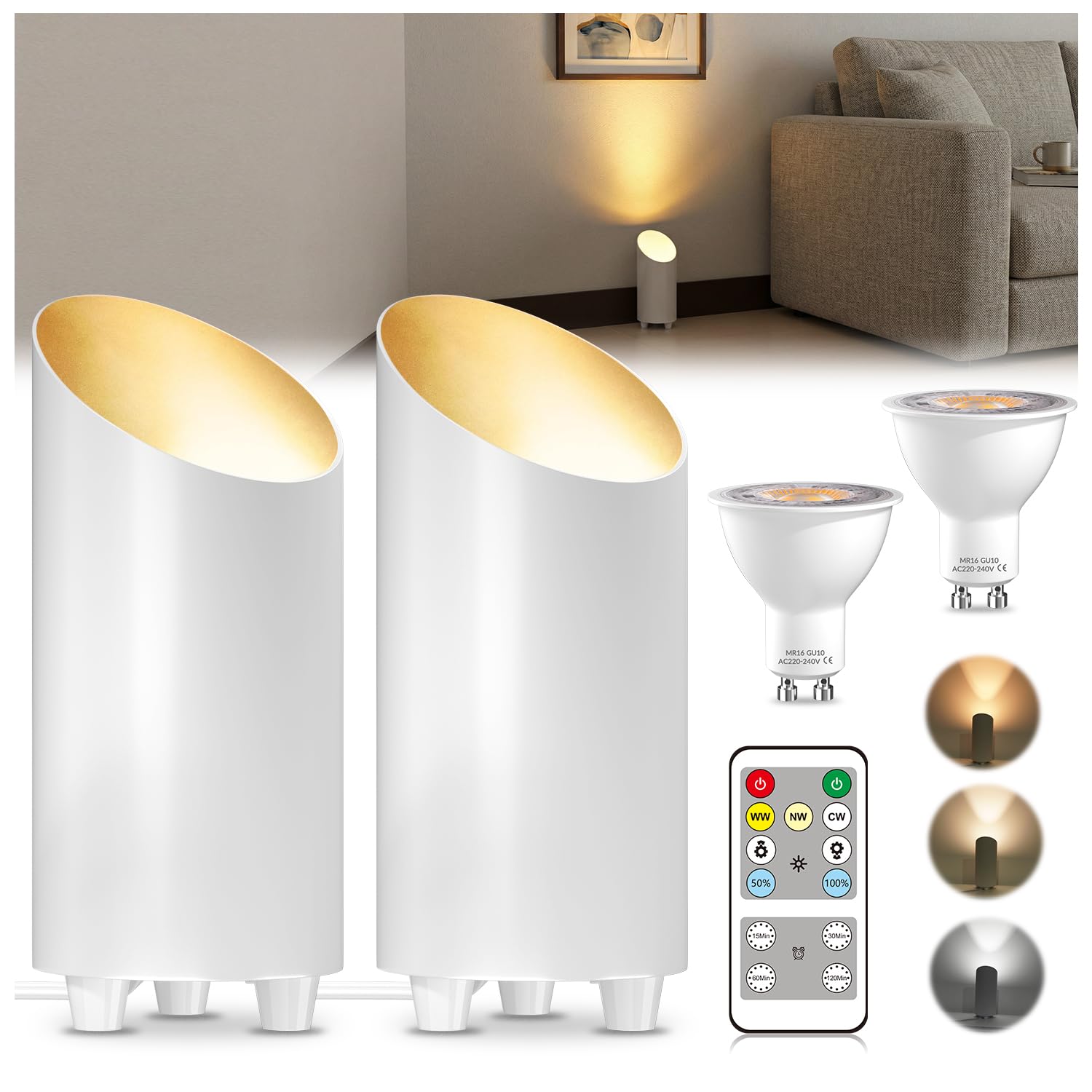 Brightark Rgb 2 Pack Uplighting Indoor Floor Can Light With Remote Control, 5W Up Lights With 3 Cct Dimmable Led Gu10 Bulbs, Uplights Floor Spot Lights Indoor For Home Accent Lighting, 2 Meters Plug Cord