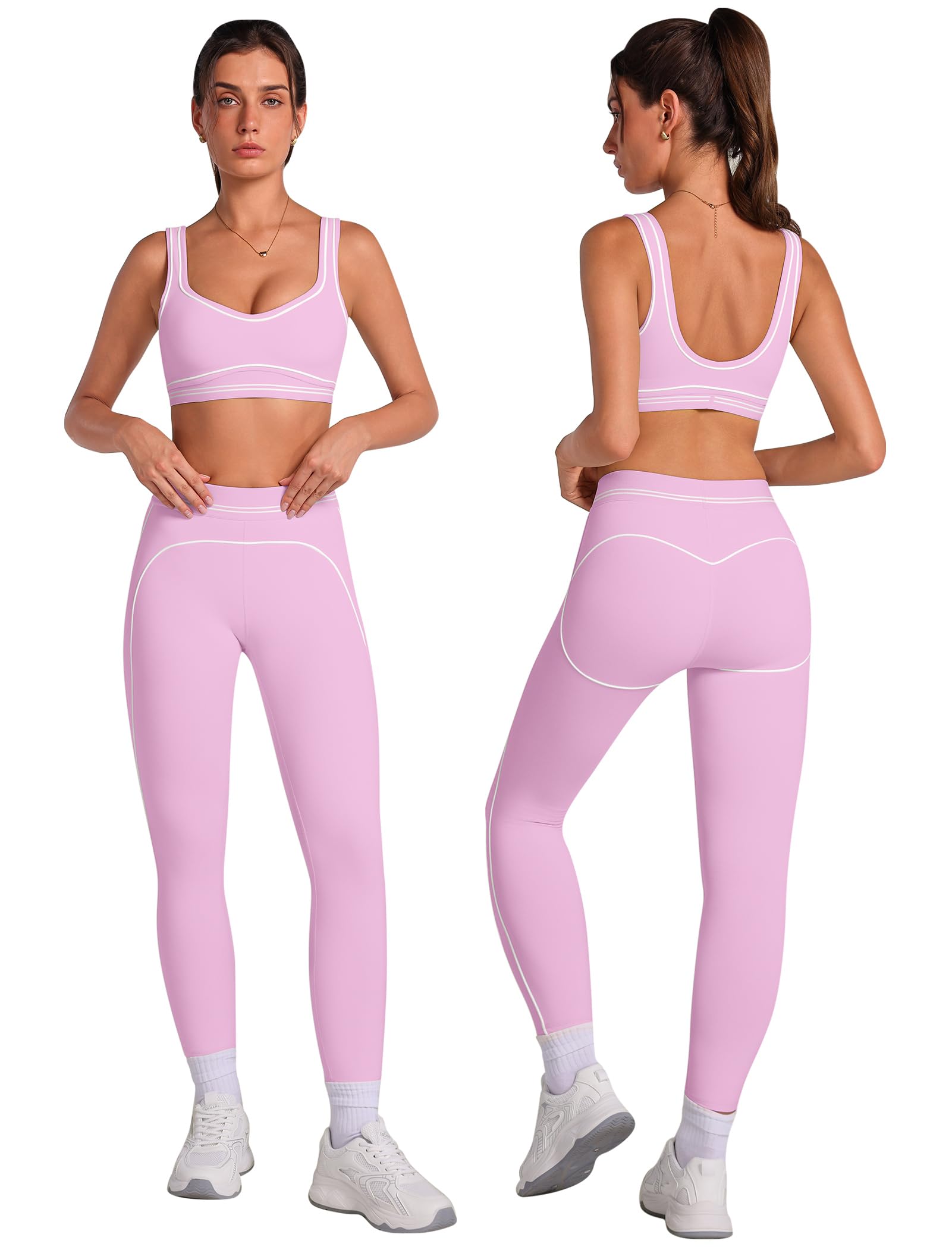 Womens Workout Sets 2 Piece Yoga Outfits Contouring Contrast Stitching Sports Bra High Waist Leggings Gym Sets-image-24