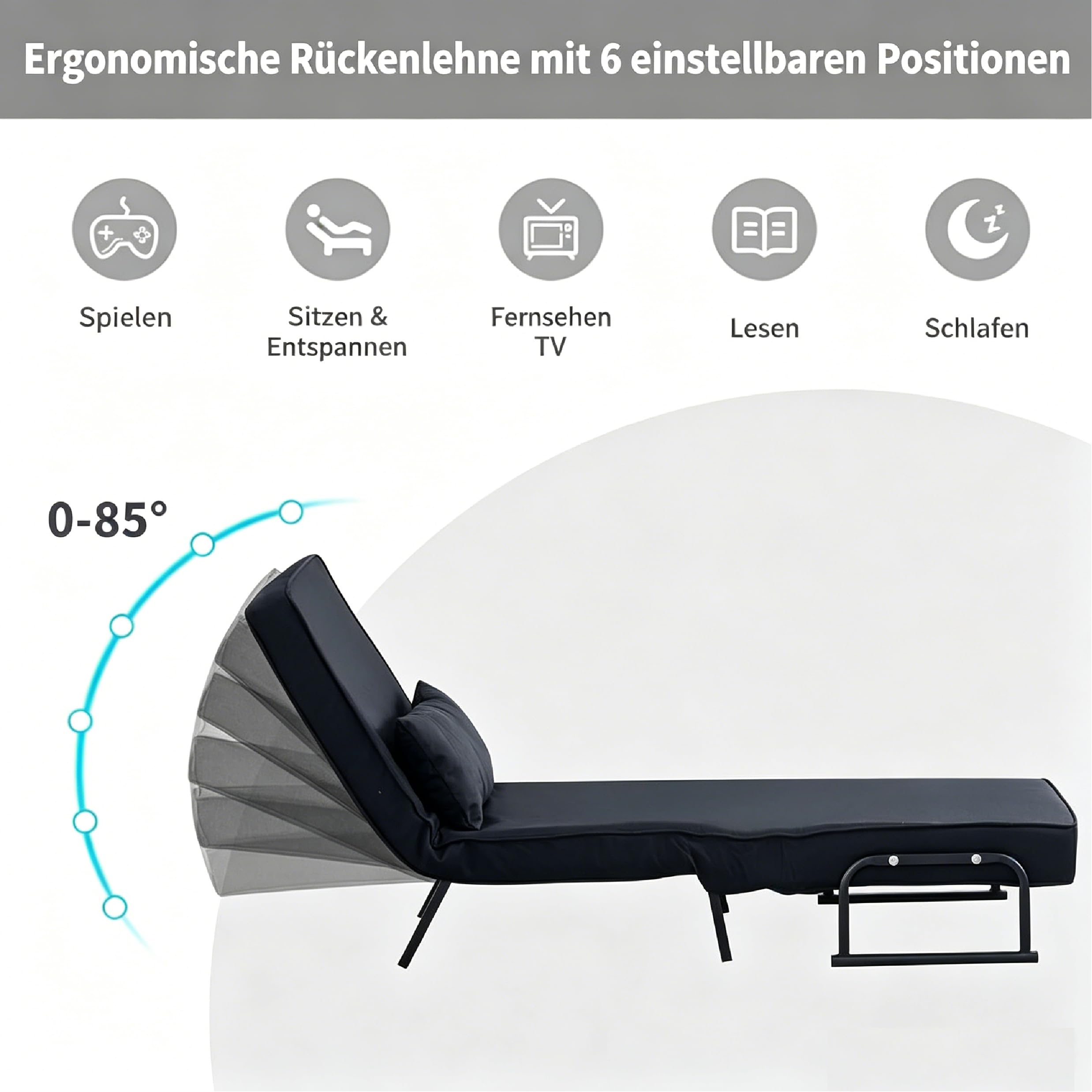 Schlafsofa 4-In-1 Verstellbare Schlafsessel, Klappsofa, Platzsparendes Gästebett, 150 kg Tragkraft, Metallrahmen & Leinen (100cm, Schwarz)