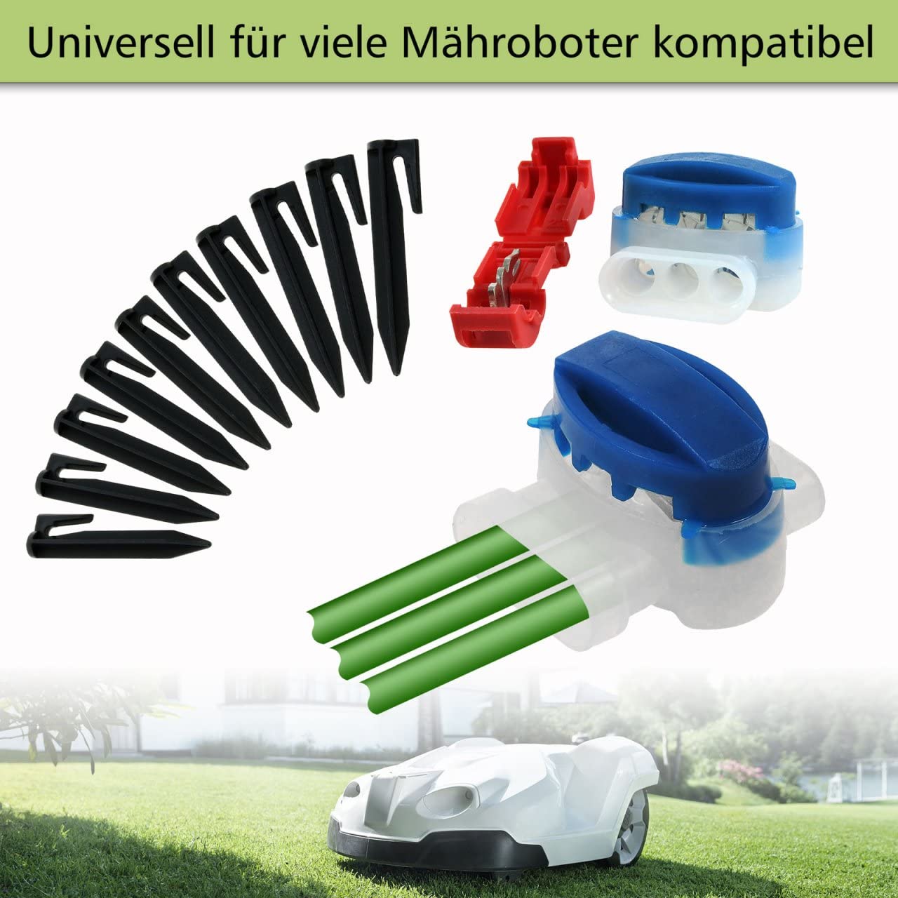250m cable delimitador (2,7mm) + 300 ganchos + 10x conectores de cables + 4x terminales para robot cortacésped