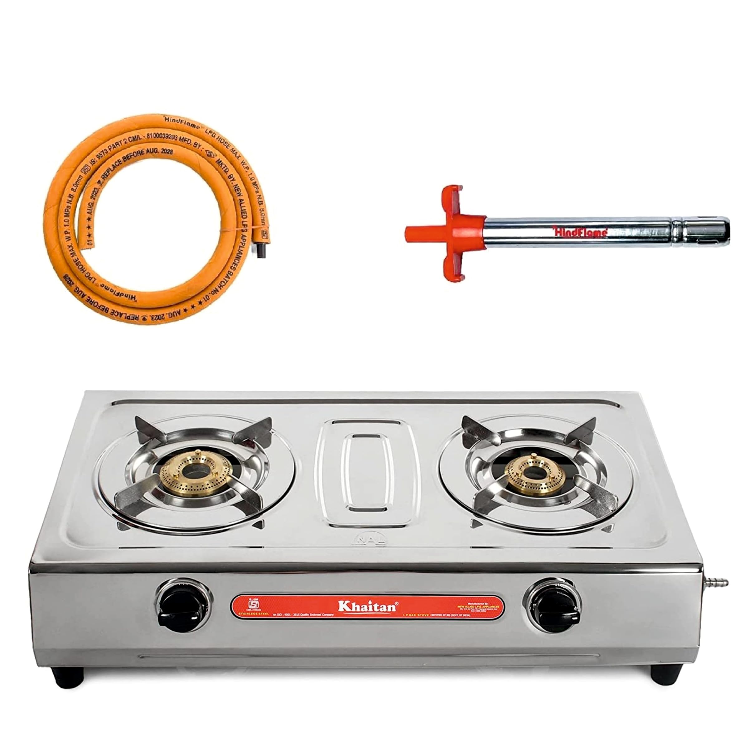 Khaitan Combo - 1 unit Khaitan 2 Burner VS2 Smart Stainless Steel LP Gas Stove Manual Ignition + 1 unit HF Kitchen Lighter + 1 unit HF LPG Hose Pipe (1.5 mtr) (B0D6KG7KZB) Amazon Price History, Amazon Price Tracker