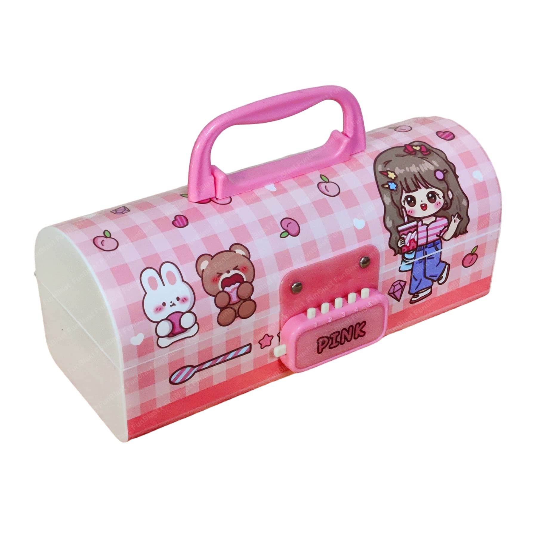 FunBlast Pen & Pencil Box - Plastic Suitcase Style With Password Lock, Multi-Layer Stationary Organizer Case for Kids, Boys, Girls - Return Gift (Pink)