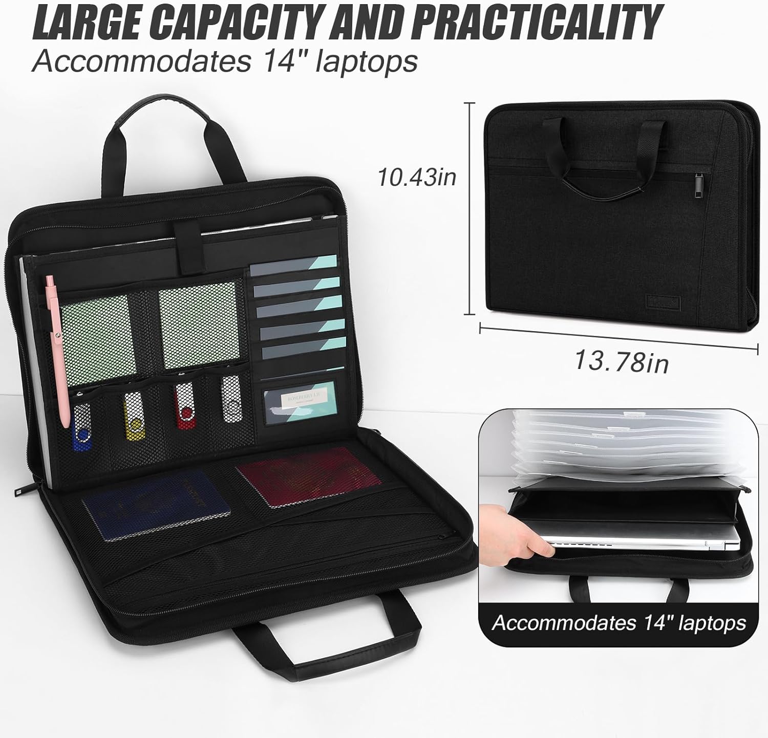 Uquelic File Organizer - Expanding File Folder Organizer with Handle and Zipper, 12 Pockets A4 Expanding File Folder - Accordion File Organizer for Laptop, Improtant Files, Certificates (Black)