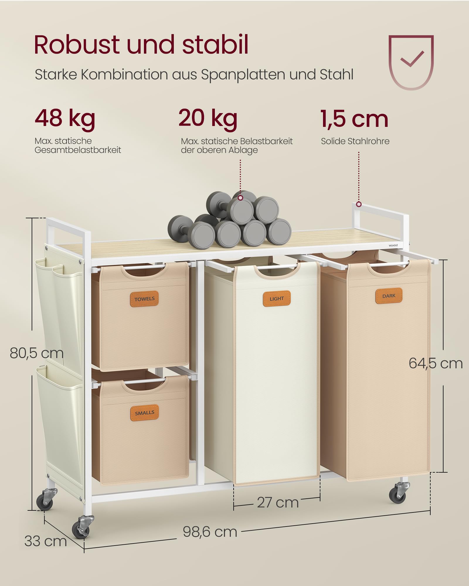 VASAGLE Wäschekorb, Wäschesammler, Wäschesortierer, Rollen, Wäschewagen mit Ablage, kleine seitliche Taschen, 6 Etiketten, 4 Fächer, 150 L, naturbeige-kamelbraun-cremeweiß BLH203N01