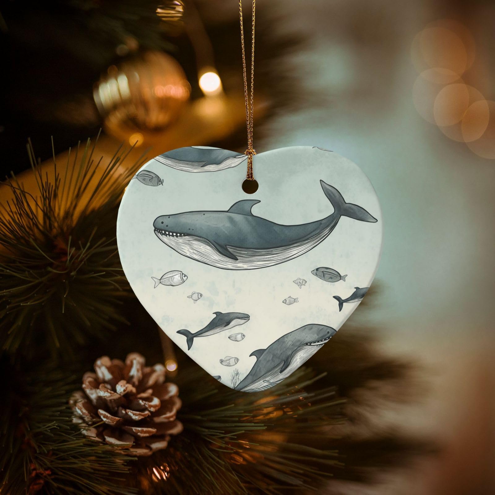Christmas Ornaments for Christmas Tree Decoration Hanging Baleen Whale Ornament with Gold Ribbon Crafts Heart Shape Ceramic Pendant for Keepsake Gifts Xmas Decor Party Supplies
