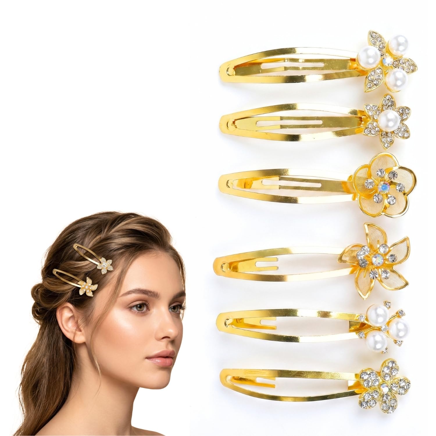 ANNA CREATIONS 6 Pcs Gold Metal Snap Floral Pearl Hair Clips Tic Tac Clips Rhinestone Stylish Non-Slip Wedding Hairclips Hair Accessories for Woman & Girls-image-43
