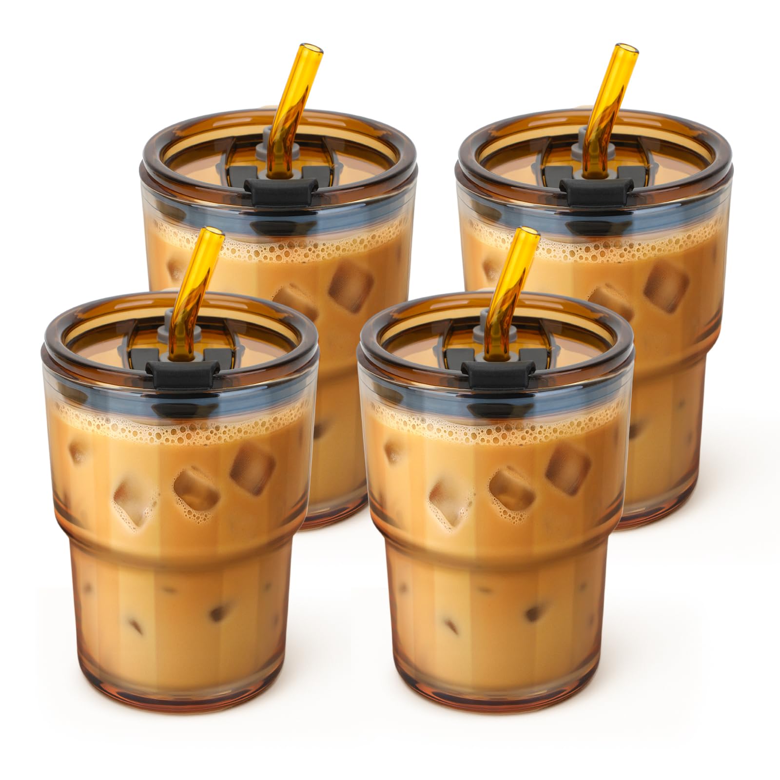 Glasbecher mit Glasstrohhalm und Deckel, auslaufsicherer, wiederverwendbarer Reisebecher für Eiskaffee, Tee, Matcha, Fruchtsaft, dickwandige, klare Wasserflasche (bernsteinfarben, 4 Stück)