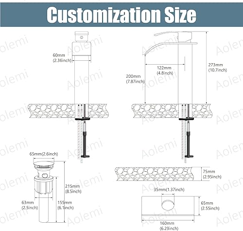 Miniatura 6 de Aolemi Grifo de baño alto para lavabo, grifo de lavabo de un solo agujero, 1 mango, grifo mezclador de montaje en cubierta RV con montaje de drenaje