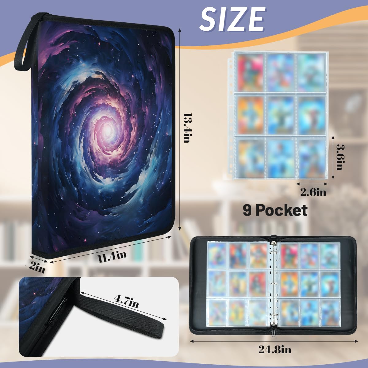 Mexpekil Space Cloud Galaxy - Raccoglitore di carte con 9 tasche con 50 pagine a caricamento laterale, per 900 carte, con cerniera, impermeabile, porta carte
