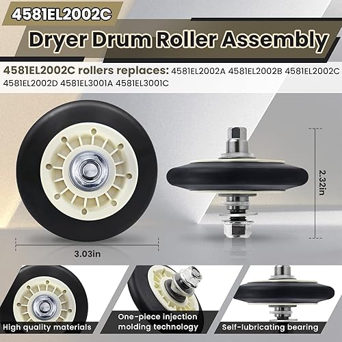 Miniatura 2 de Kit de rodillo de secadora mejorado para piezas de secadora LG Kenmore, el kit de reparación de secadora incluye rodillos de secadora 4581EL2002L,