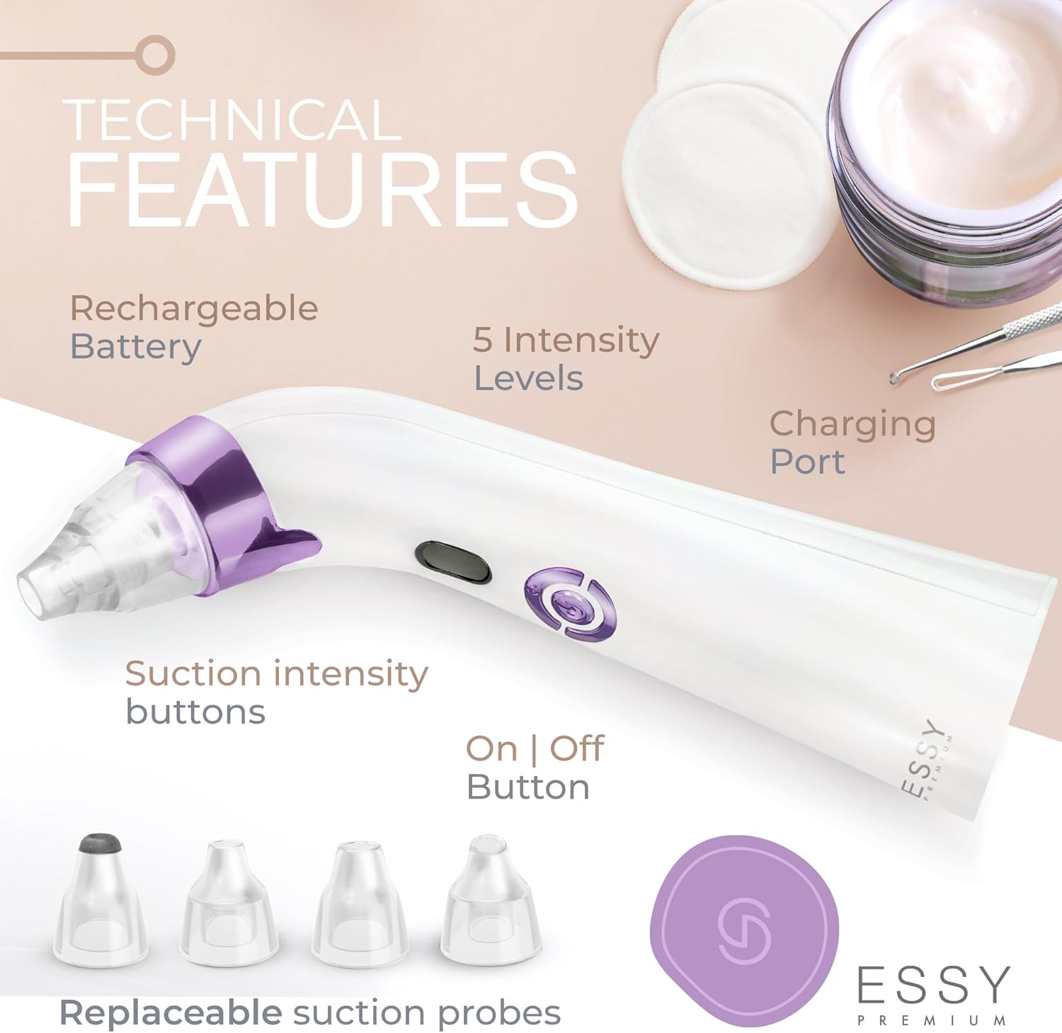 Essy Blackhead Remover & Pore Vacuum Cleaner for Face, Pimple Extractor & Skin Care Tool, Blackhead Remover for Nose Pore Extraction, Facial Tools to Pimple Sucker, Whitehead Vacuum Clean (Purple)