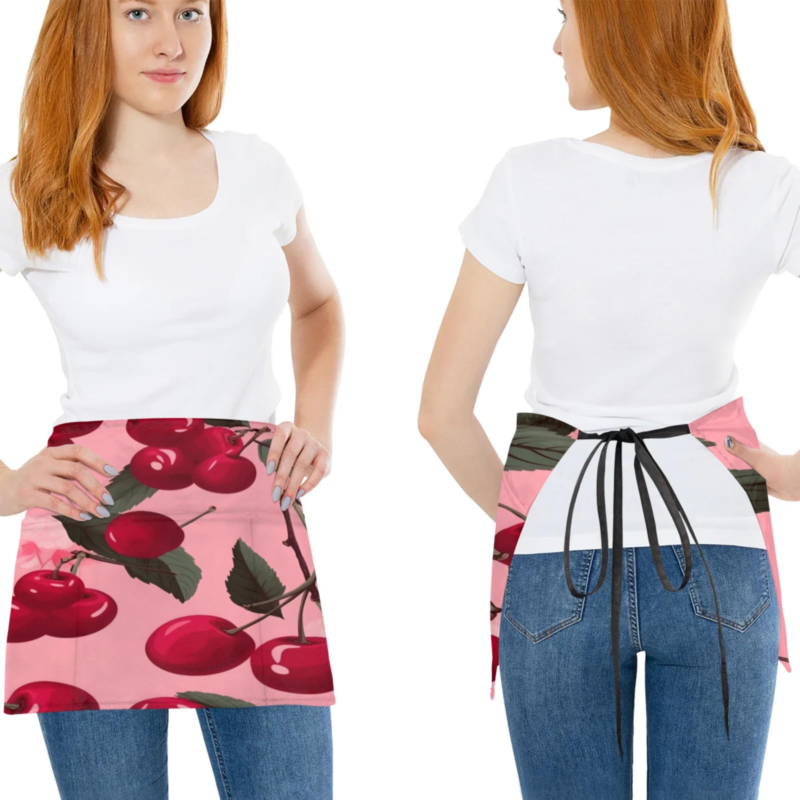 Beautiful Watercolor Cherry Leaf Server Aprons with 3 Pockets Oil-proof Half Aprons Restaurant Bistro Cafe Bars Waitress Waiter Wasit Apron for Women Men 3 Pcs