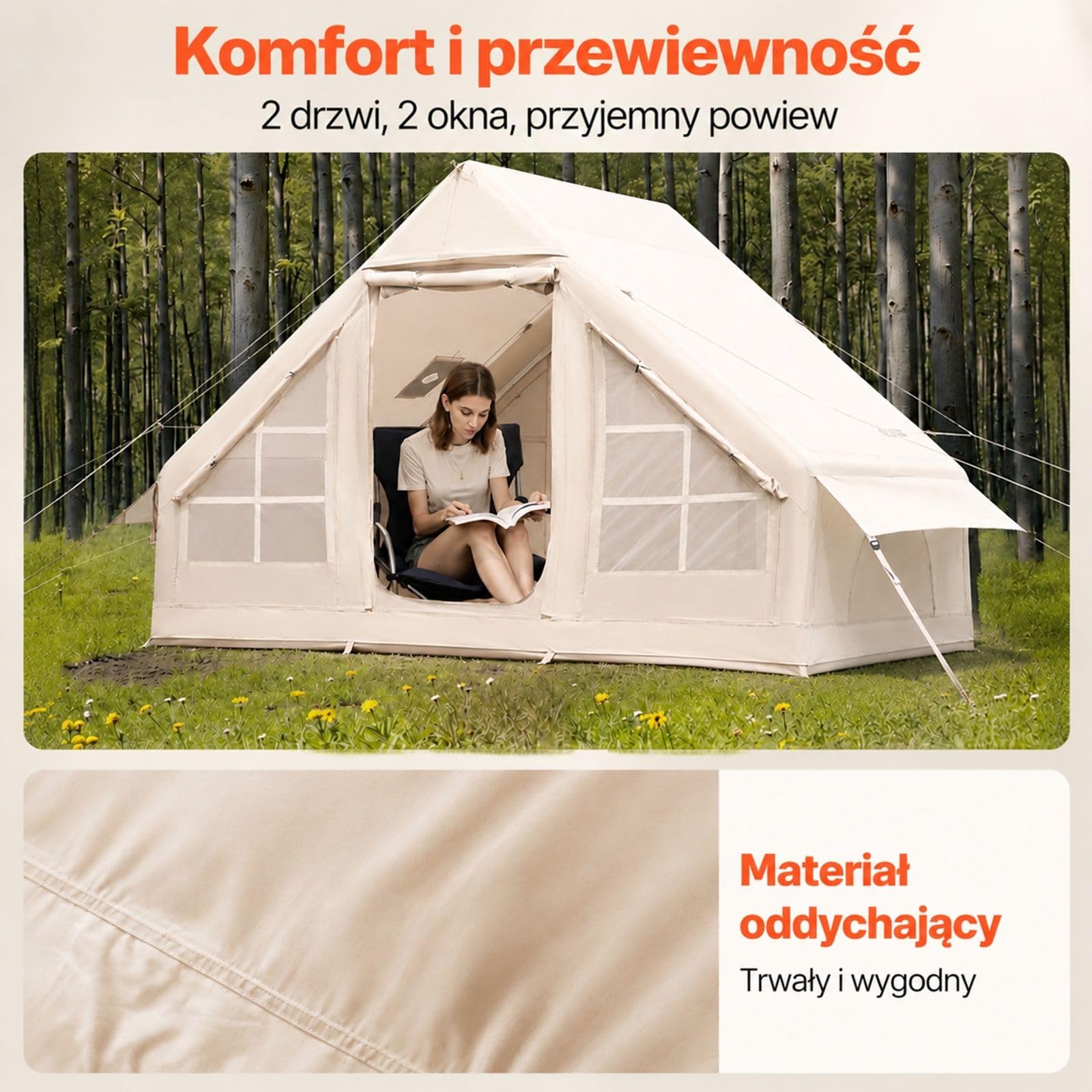 Nadmuchiwany namiot kempingowy dla 3–5 osób, beżowy namiot glampingowy z tkaniny Oxford, pompką ręczną, 2 drzwiami, 2 oknami z siatki i torbą