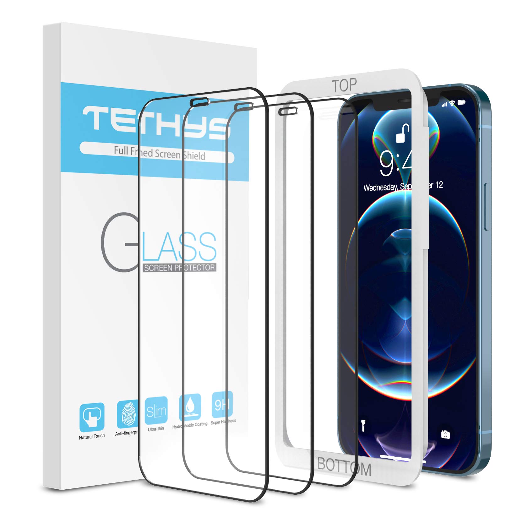 TETHYSGlass Screen Protector Compatible for iPhone 12 / iPhone 12 Pro 2020 6.1 Inch 3 Pack Case Friendly, Edge to Edge Coverage Tempered Glass, Guidance Frame Included