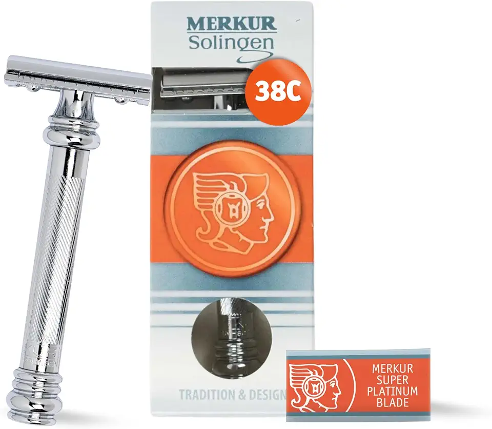 MERKUR 38C Double Edge Safety Razor - Bright Chrome, Extra Large Barber Pole Grip Brass Handle, Made in Germany, Plastic-Free, Two Piece Design, Closed Comb, Straight Bar