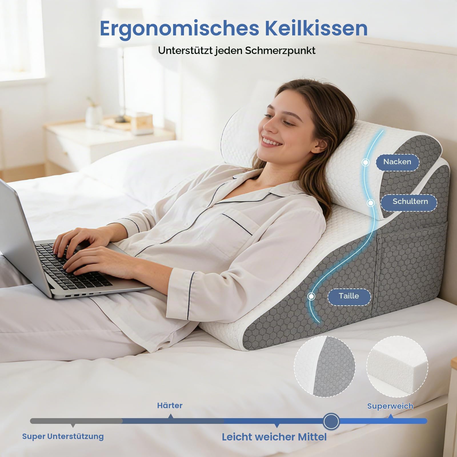 Lesekissen für Bett und Sofa, Gebogenes Keilkissen Bett mit Memory-Schaum, Ergonomisches Rückenlehne Kopfkissen, Reflux Kissen, Waschbare Hülle, Reflux Kissen Erwachsene，50 * 50 * 30cm