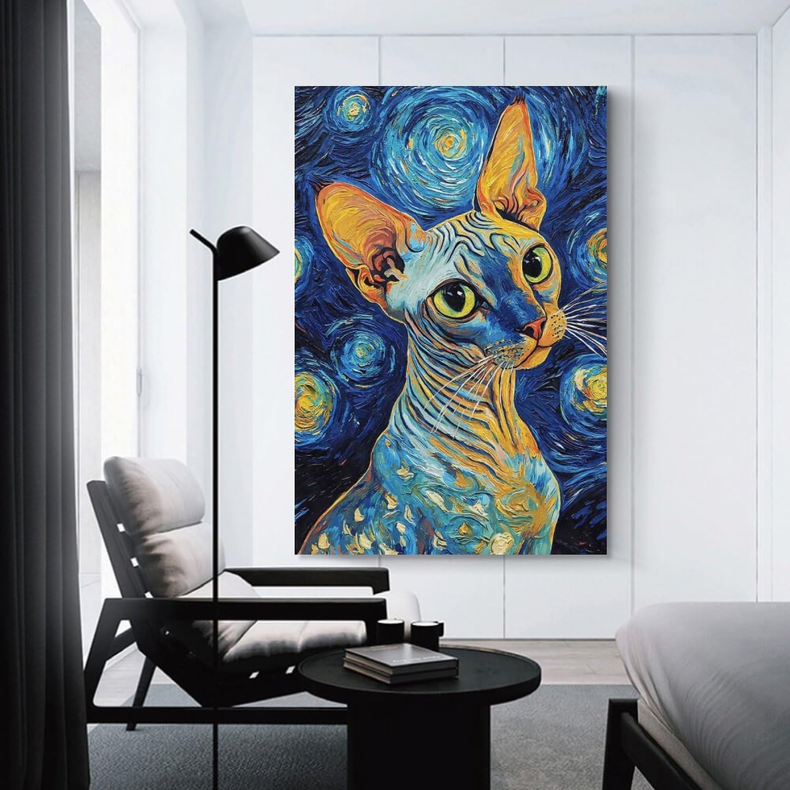 Junmoney Unframe-Style-3 Hanging Wall Art Sphynx Cat Starry Night, 16X24inch(40X60cm), For Gallery Wall Layouts In Home Or Office, An Easy Match For Collected Prints