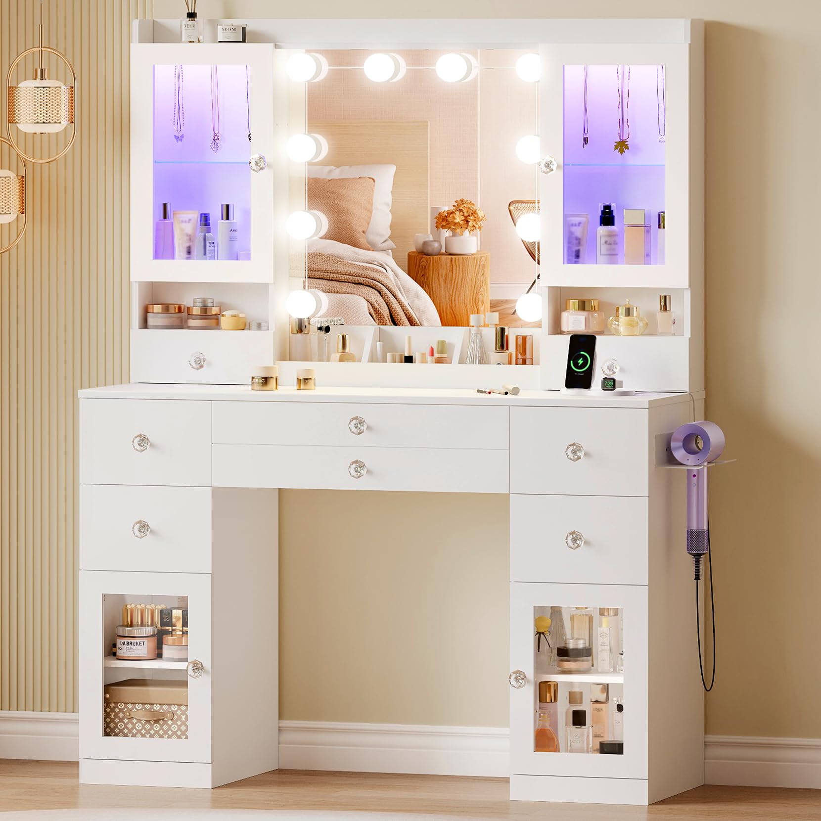 Dripex Schminktisch mit 10 LED-Lichtkugeln und Steckdosen, Schminktisch mit Spiegel und 2 luxuriösen transparenten Vitrinen mit RGB, Vanity Desk Dressing Table fürs Schlafzimmer, weiß