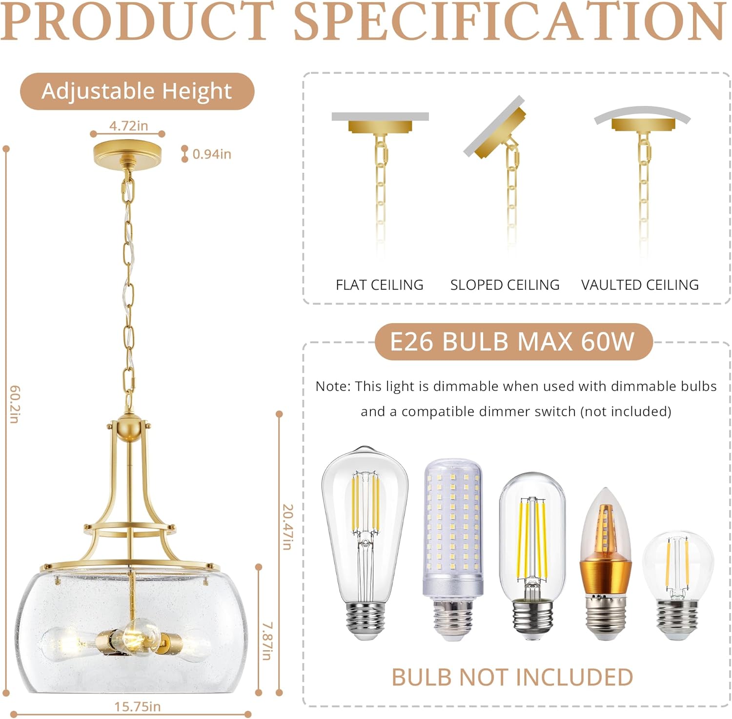 Industrial Round Chandelier Rustic Ceiling Light Fixture 3-Light Farmhouse Pendant Light with Seeded Glass Shade for Dining Room Hallway Entryway Kitchen Bedroom, Gold