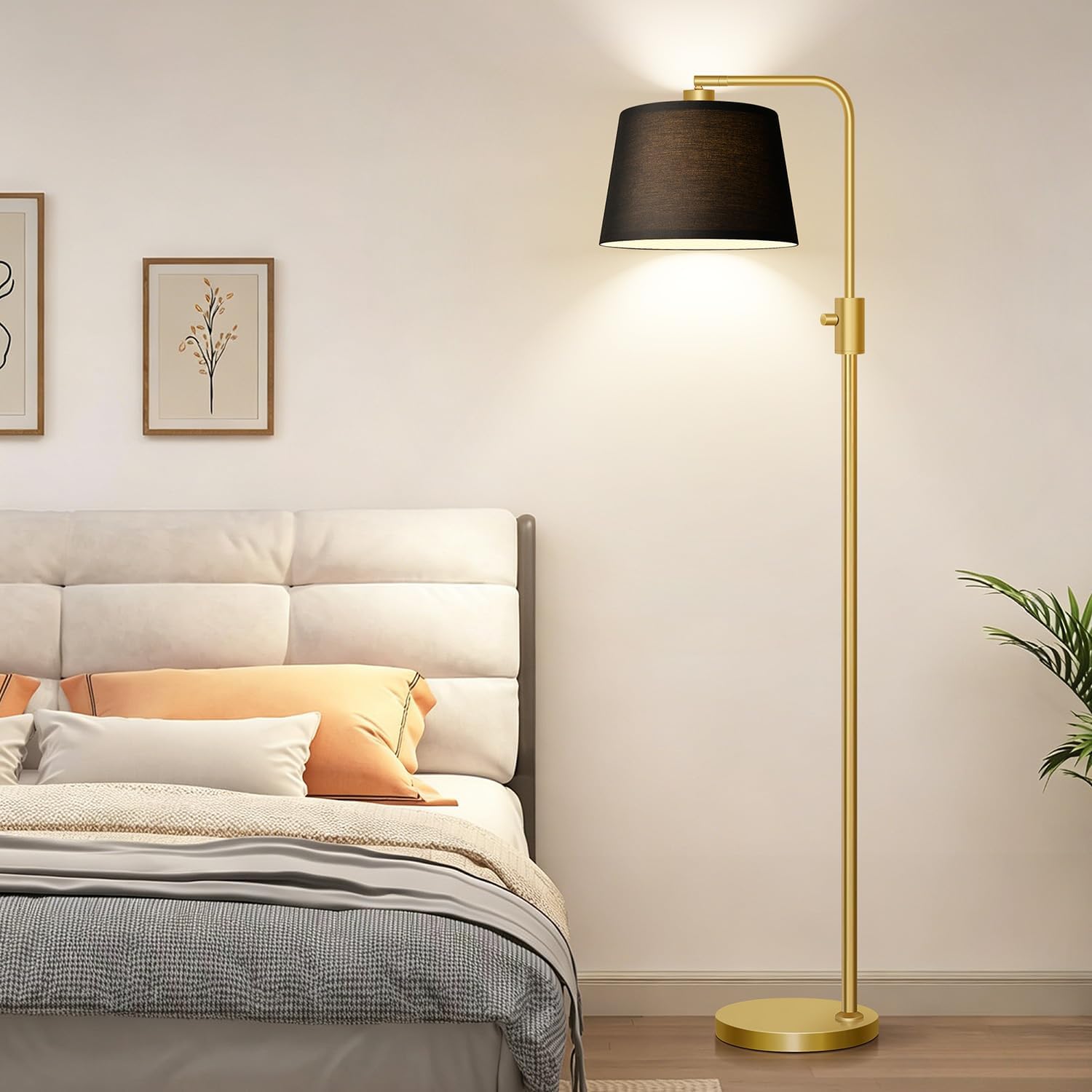 Nintiue Dimmable Gold Floor Lamp, 1000 LM LED Edison Bulb Included, Arc Floor Lamps for Living Room with Black Shade, Modern Standing Lamp Tall Lamps for Living Room Bedroom