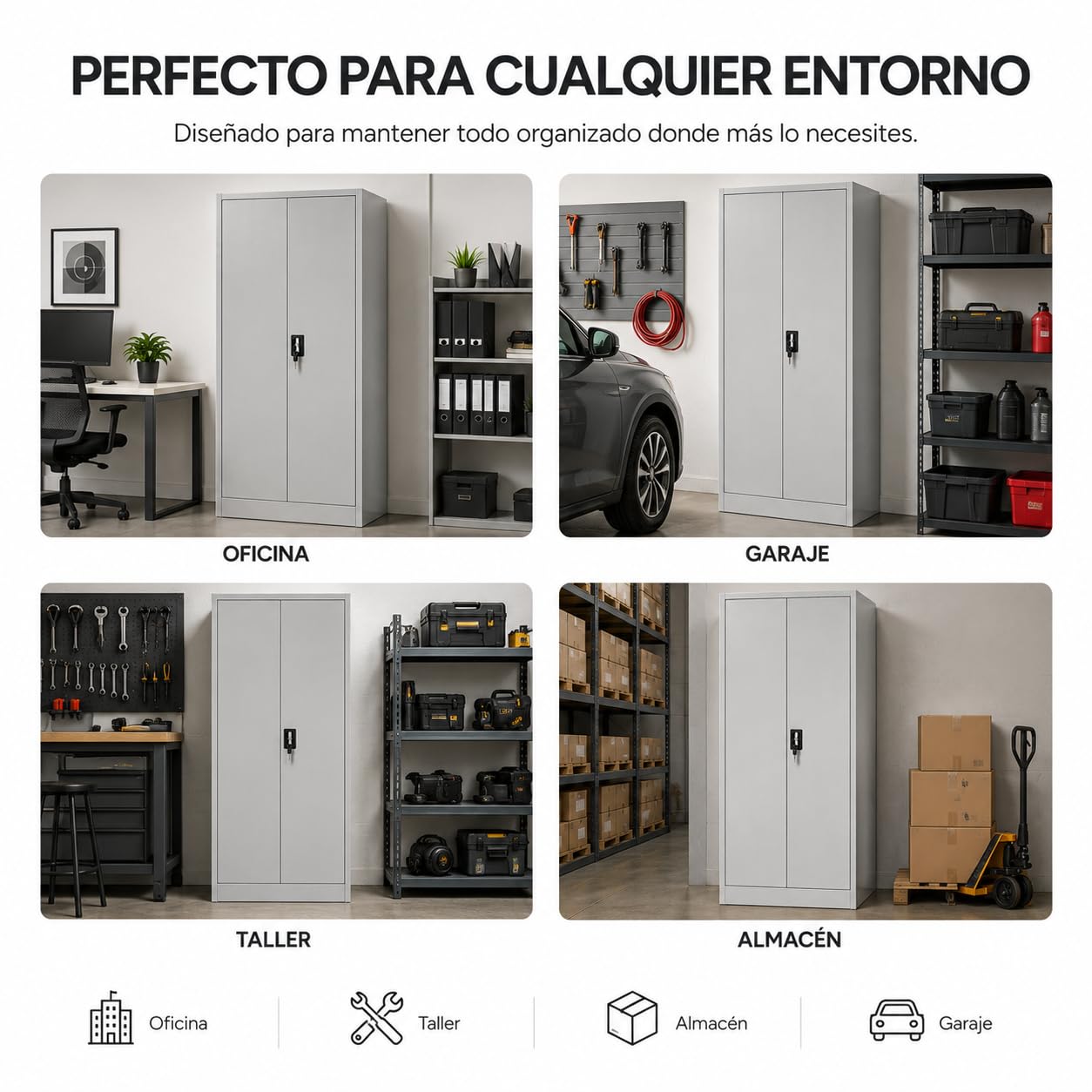 Armario archivador Oficina Acero 180 × 90 × 40 cm con Cerradura – 4 baldas Regulables 5 Posiciones, topes Anti-Ruido, 2 Puertas