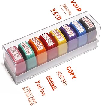 WAFJAMF 8 Pack Office Stamps Set Self Inking Business Stamp Kit | Rubber paper work text stampers in storage tray for file reply, handling, accounting, office staff supplies