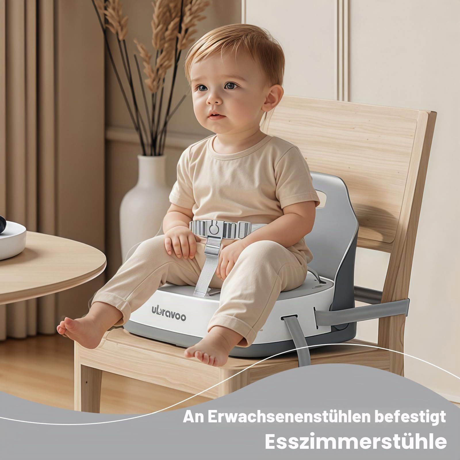 UBRAVOO Tragbarer Sitzerhöhung Kind zum Essen, Reisehochstuhl mit 3-Punkt-Gurt, waschbarer Baby-Essstuhl ab 6 Monaten (Grey)