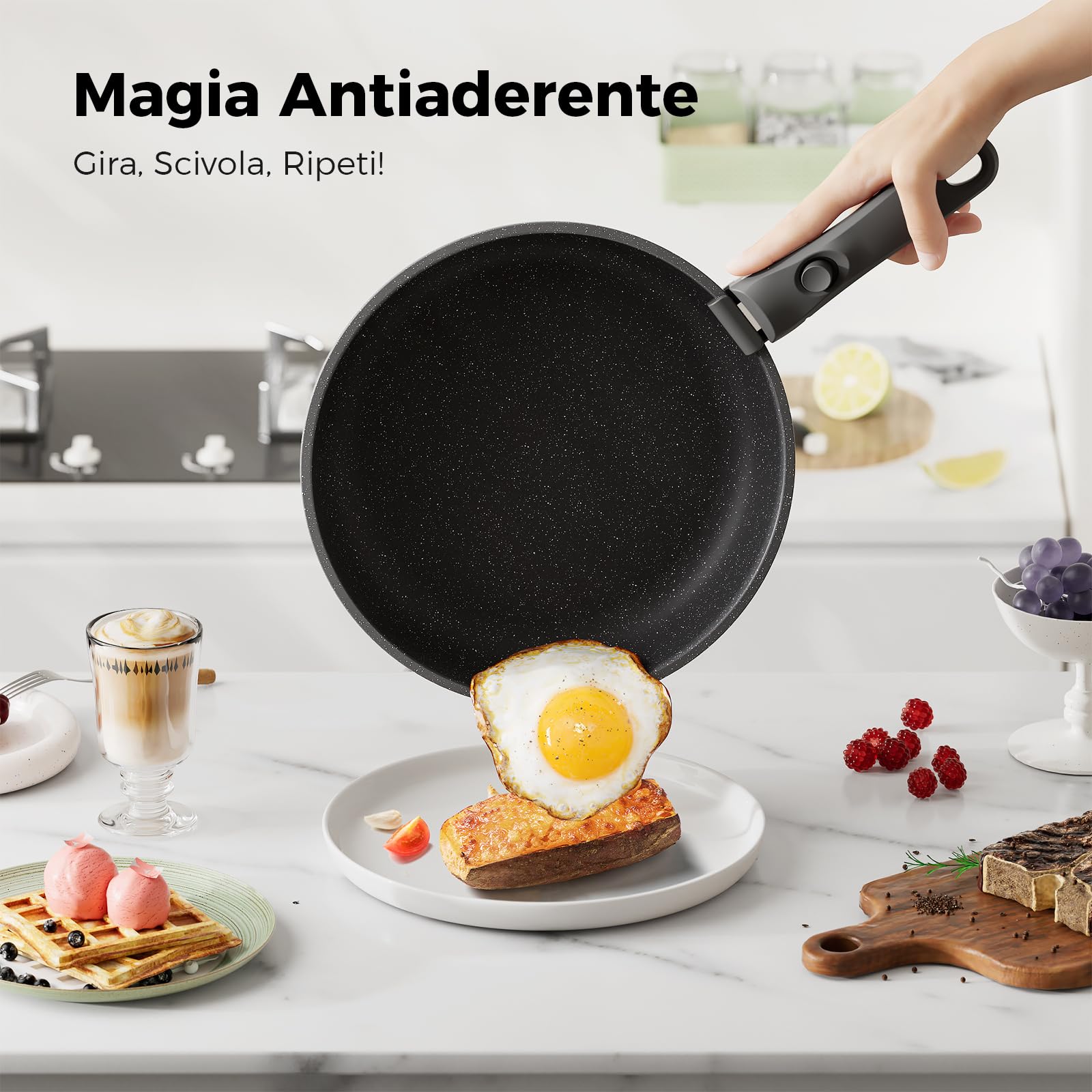YASHE Set di Pentole da 20 Pezzi con Rivestimento Antiaderente, Manici Rimovibili, Compatibili con Induzione, Forno fino a 230°C, Lavabili in Lavastoviglie, Impilabili, Ideali per Famiglie, Nero