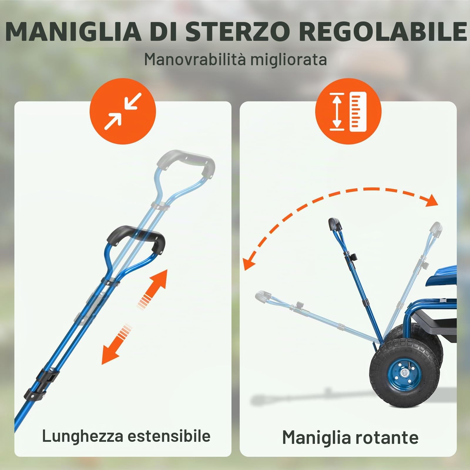 VEVOR Sedile da Giardino a Rotelle Sgabello da Giardinaggio Girevole a 360° su Ruote Gonfiabili Carrello da 25,4cm con Sedile 760x450x960 mm Manico Allungabile Vassoio Porta Attrezzi per Patio Cortile