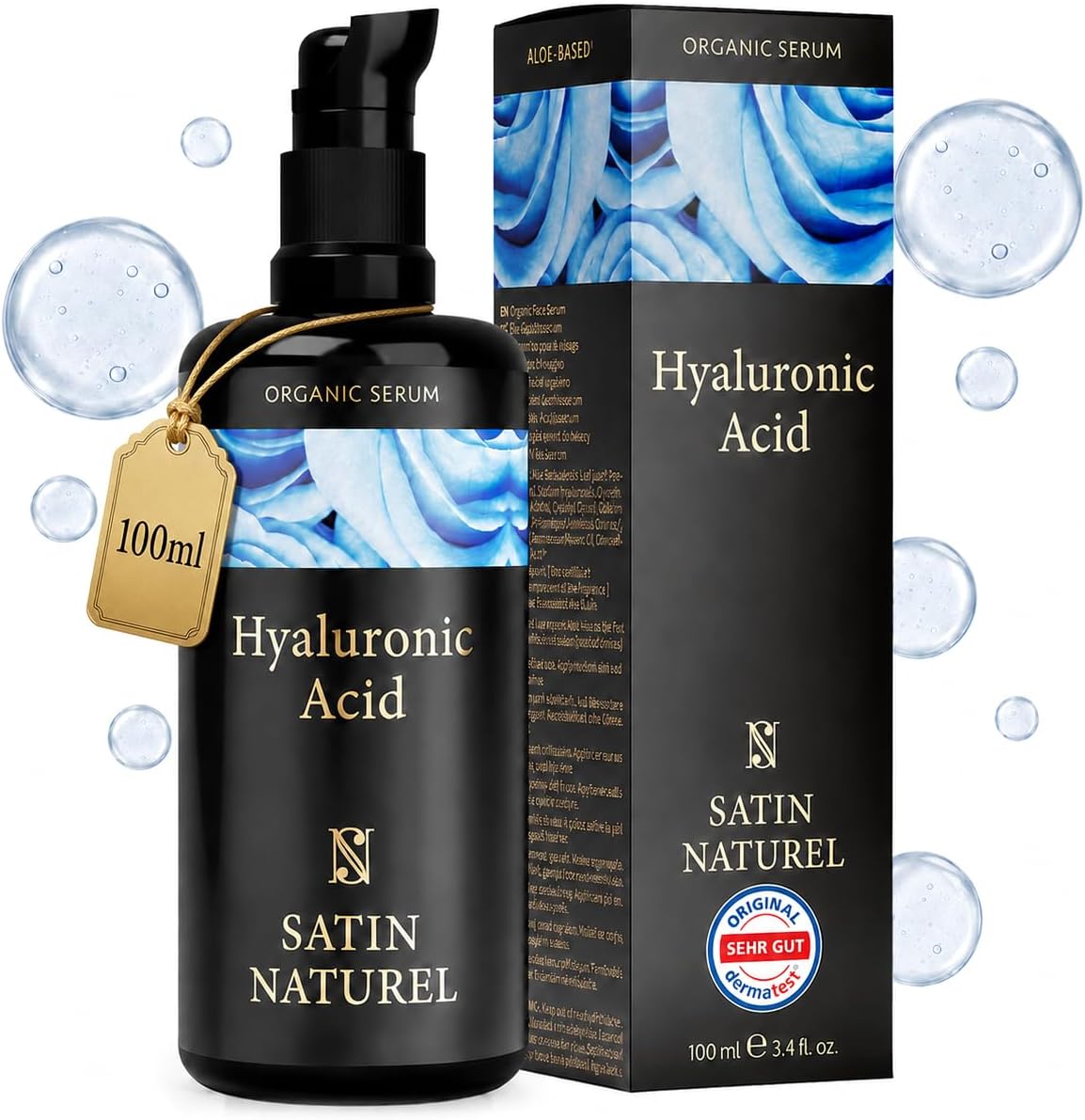 Satin Naturel High-Dose Hyaluronic Serum 100 ml – Organic Hyaluronic Acid Facial Serum – Anti-Aging Moisturizing Serum – Vegan – 24h Hydration – Facial Care for Women and Men