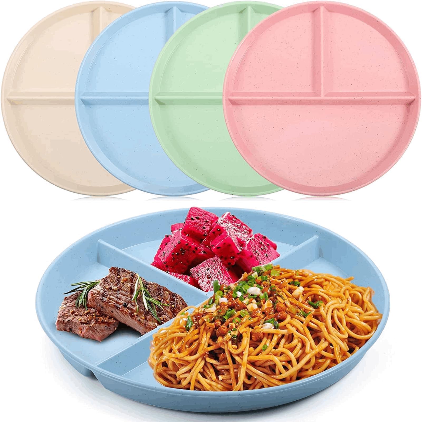 4Pcs Divided Dinner Plates, 9 inch Unbreakable Portion Control Divided Diet Plates Reusable Picnic Plates Microwave and Dishwasher Safe Dishes for Adult Children Kids