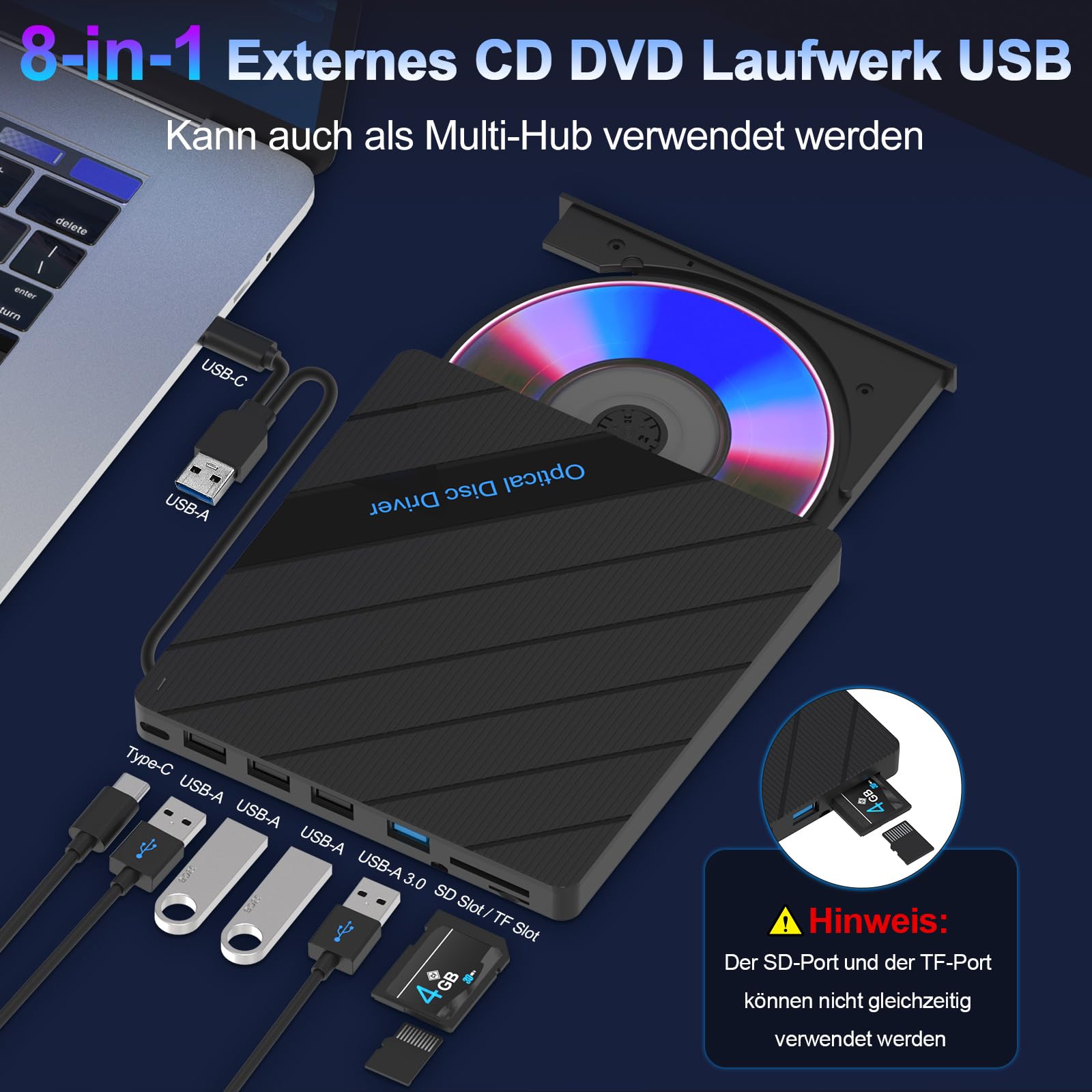 Zewnętrzny napęd DVD 8 w 1 do laptopów, napędów CD, zewnętrzny, USB 3.0, typ C, z 5 portami USB, 2 czytniki kart TF/SD, nagrywarka optyczna, odtwarzacz do PC MacBook iMac Windows 11 Vista Linux Mac OS