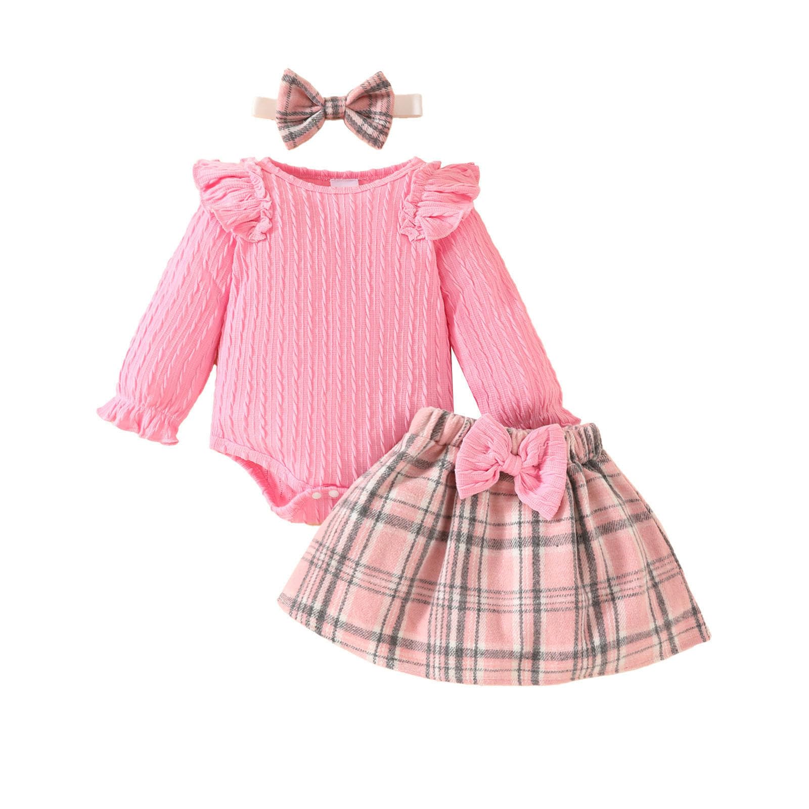 Generisch Survêtement pour enfant fille - Ensemble de sport pour bébé fille - Manches longues - Volants côtelés - Grenouillère - Plaid Bowknot - Jupes
