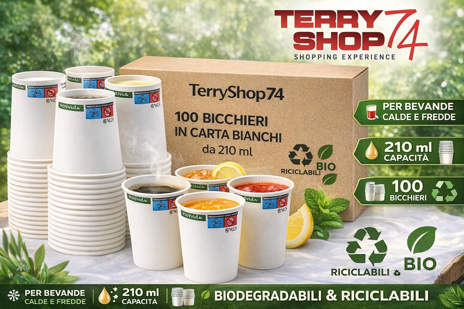 Terryshop74® 100 bicchieri cocktail bevande cappuccino 210 ml eco friendly usa e getta bio compostabili bio degradabili bevande calde e fredde, bianco