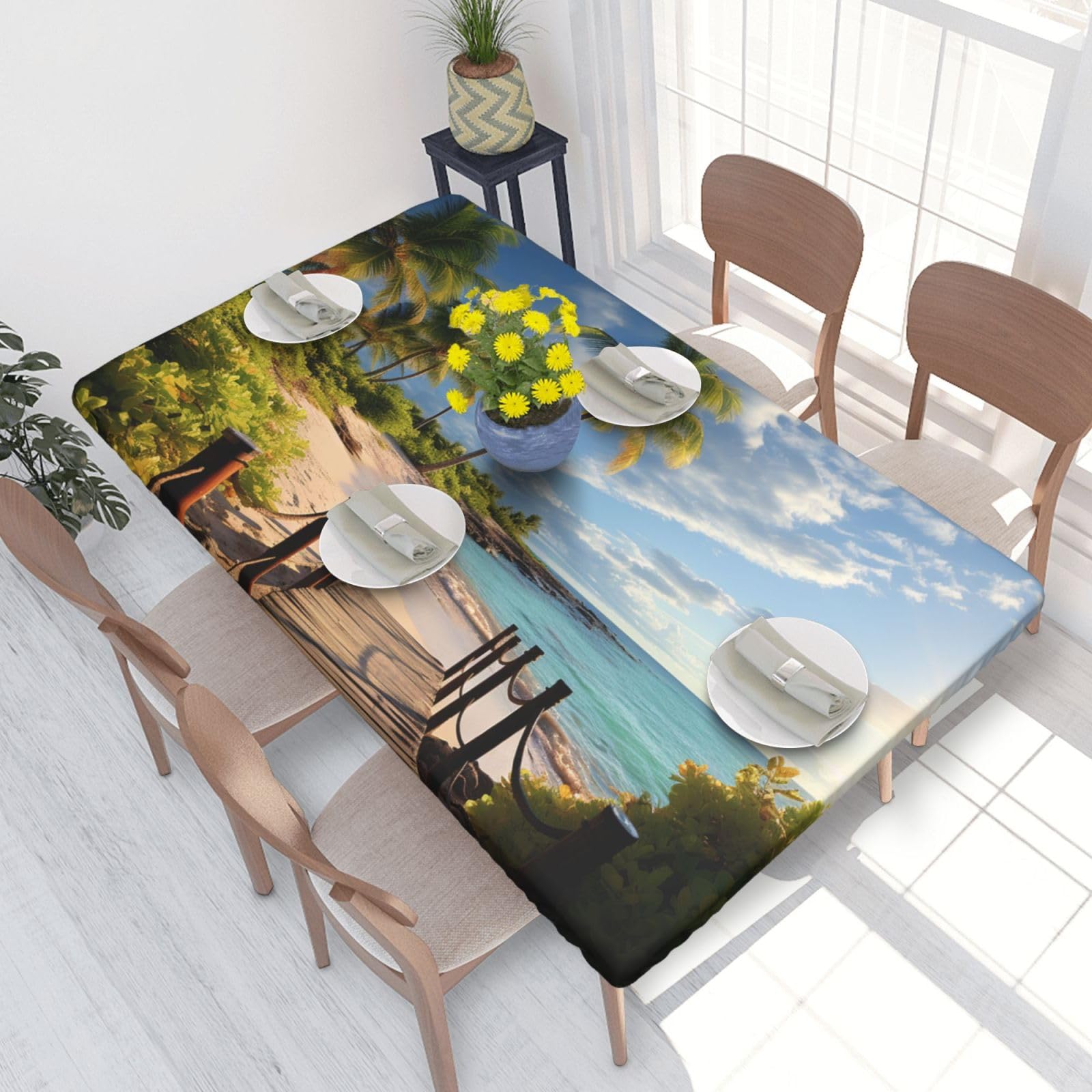 Palm Trees Beach Sea Ocean Waterproof Square Table Cover Elastic Fitted Tablecloth Oil Proof Table Protector For 4ft Table