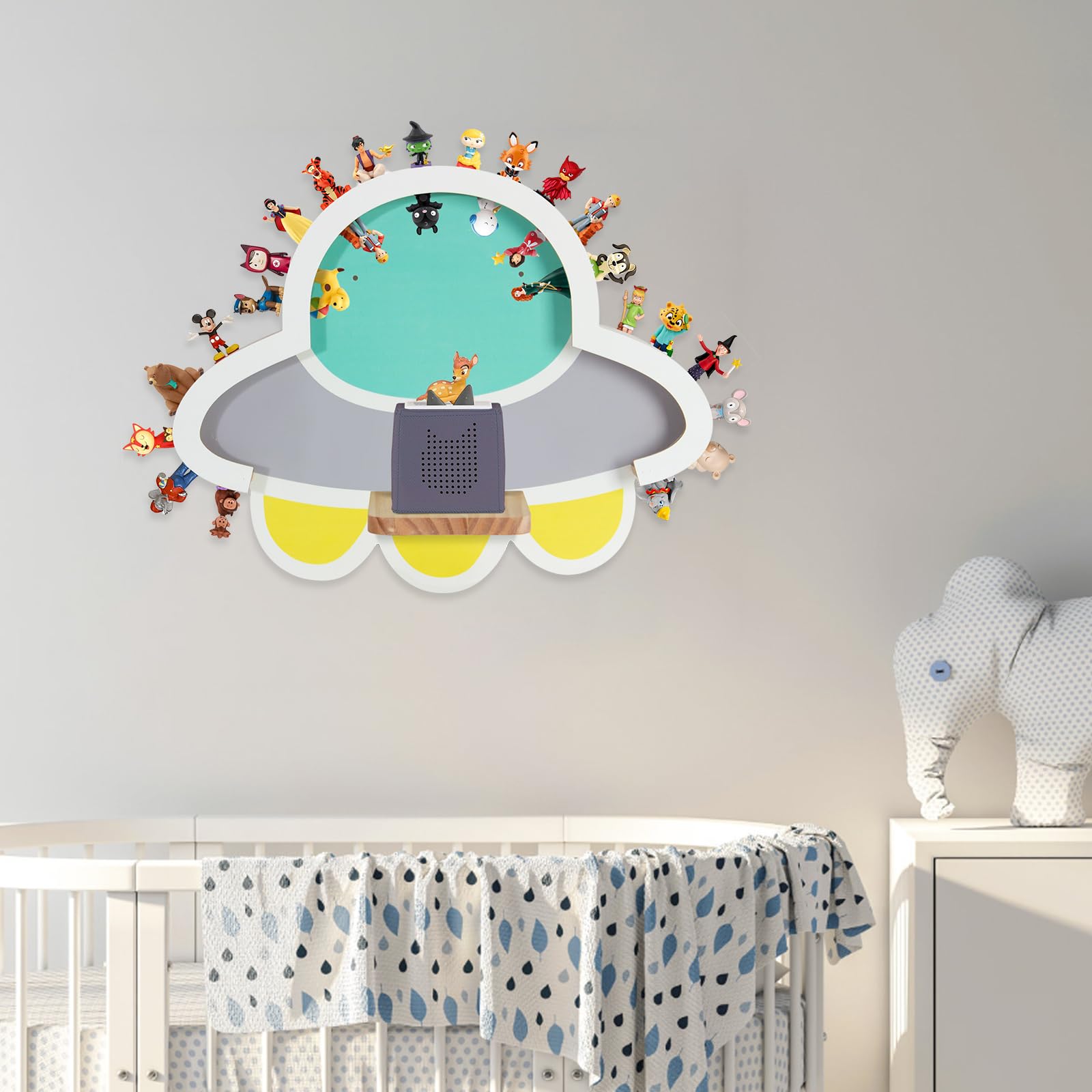Todeco Étagère Magnétique Murale pour Tonies et Toniebox, UFO | 30-40 Tonies, Pastilles Magnétiques Double Face, Bois Robuste, Compatible avec Station de Charge, pour Chambre Enfant
