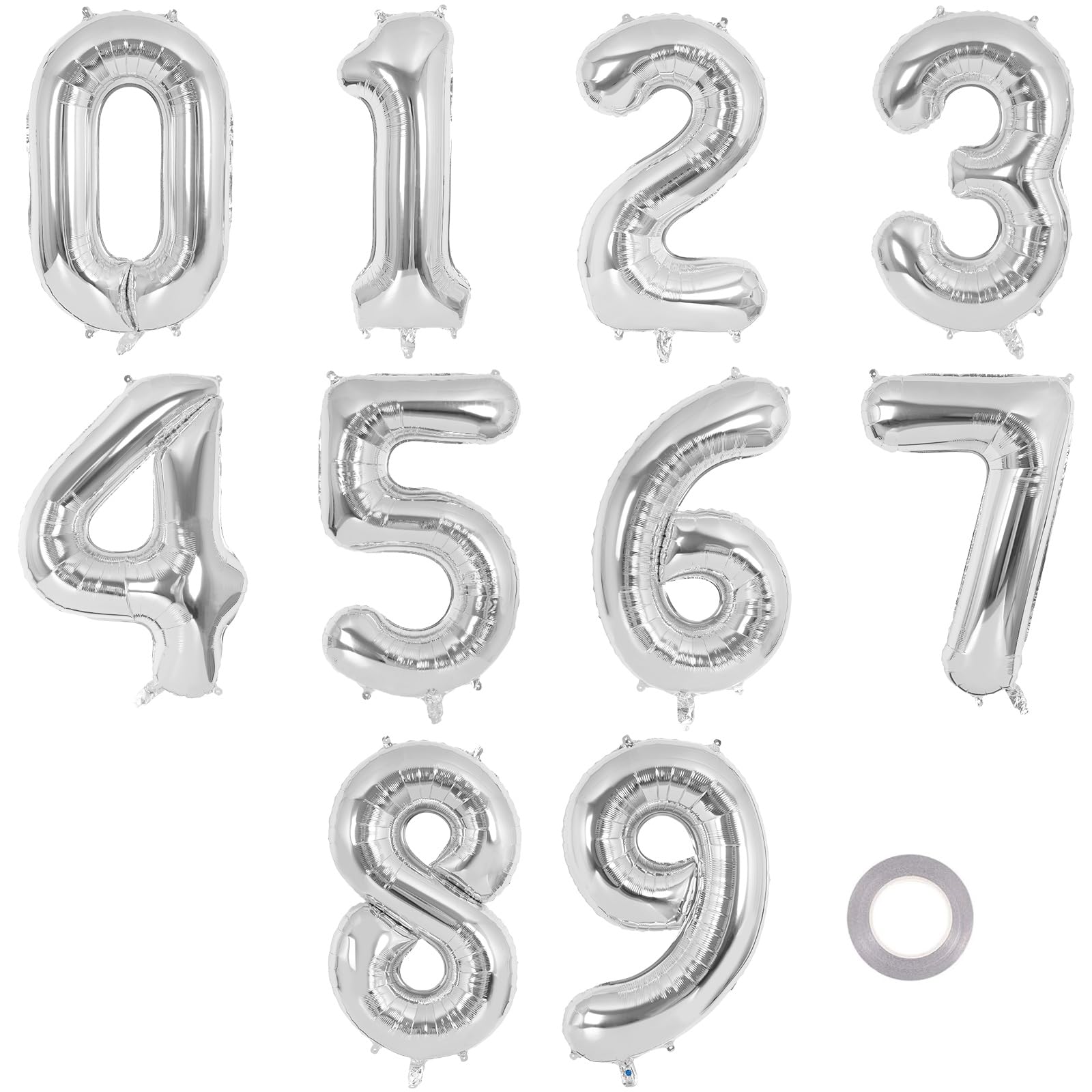 Photo 1 of 16 Inch Number 0-9 balloons, Silver Number Foil Balloons, Small Mylar Numbers Balloon Custom Digital Balloons for Birthday Aniversary Baby Shower Party Decorations Supplies