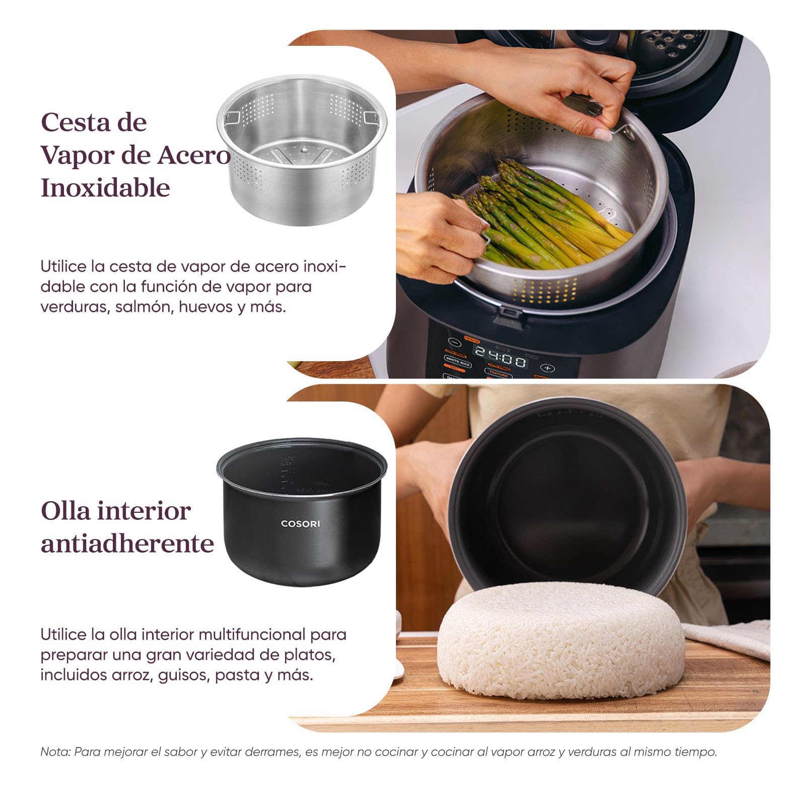 COSORI Arrocera Electrica 1,8 L para 1-10 Personas, 17 Programas, Incluye 50 Recetas, Lógica Difusa, Vaporera con Inserto de Acero Inoxidable, Mantener Caliente, Temporizador