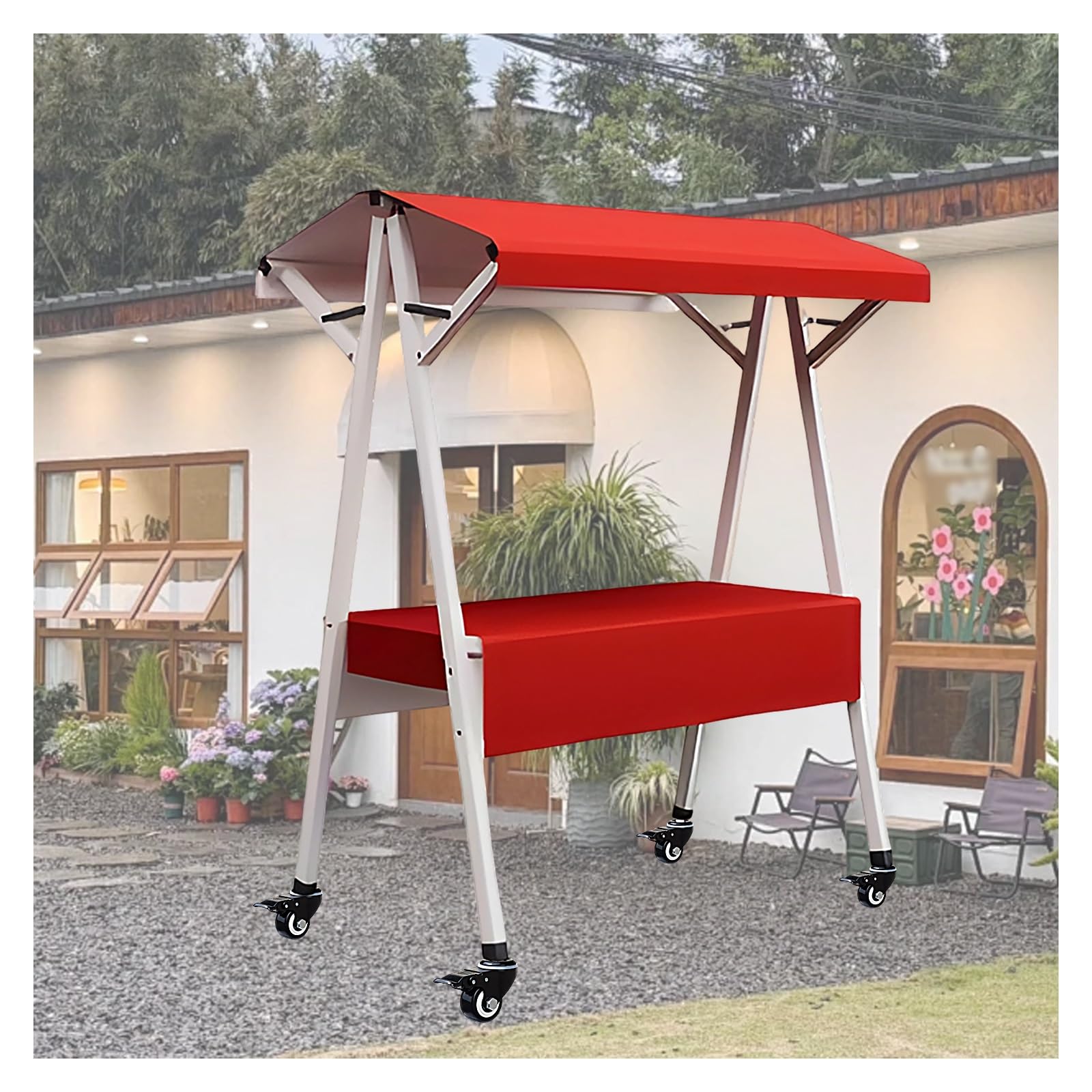 Składane stoisko sprzedawcy ulicznego, przenośne stoiska sprzedawcy ulicznego z kółkami, na targi uliczne/rolnicze/pokazy rzemieślnicze, wiele kolorów(Red,110x60x200cm)