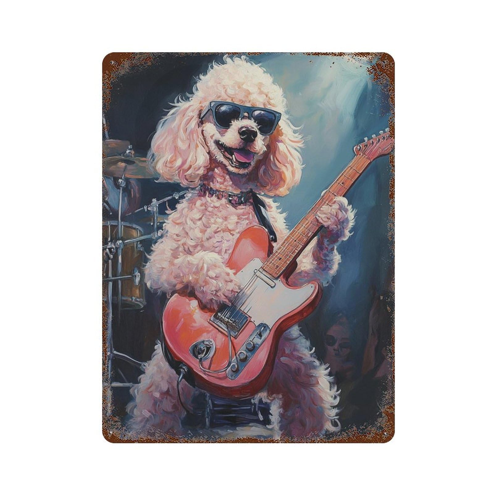 Poodle Playing Guitar Painting 15.7"x11.8" Retro Metal Sign, Shabby Chic Decor for Garage, Bar And Workshop Decor