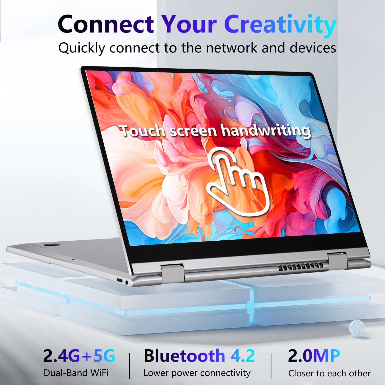 14,1" Ordinateur Portable 2 en 1, Windows 11 PC Portable 16 Go LPDDR4 512 Go SSD, PC Portable N100 CPU, Laptop avec Clavier Rétroéclairé Déverrouillage Empreinte, 360°Flip IPS Tactile Écran 1080P