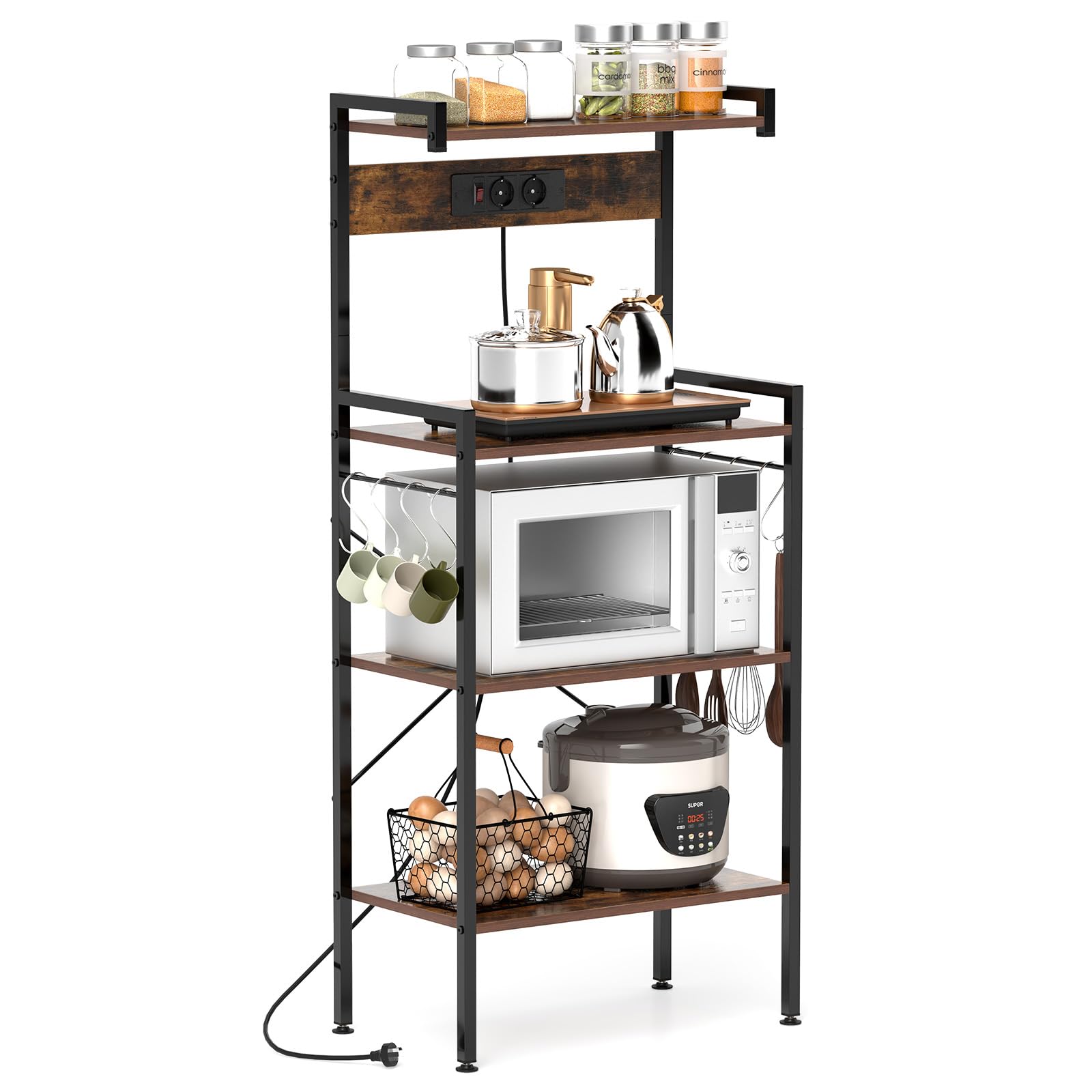 KOMFOTTEU 4-poziomowy regał kuchenny z gniazdem drewnianym i metalowym 59 x 34 x 136 cm, stojak do kuchenki mikrofalowej, wolnostojący wielofunkcyjny regał do kuchni jadalni