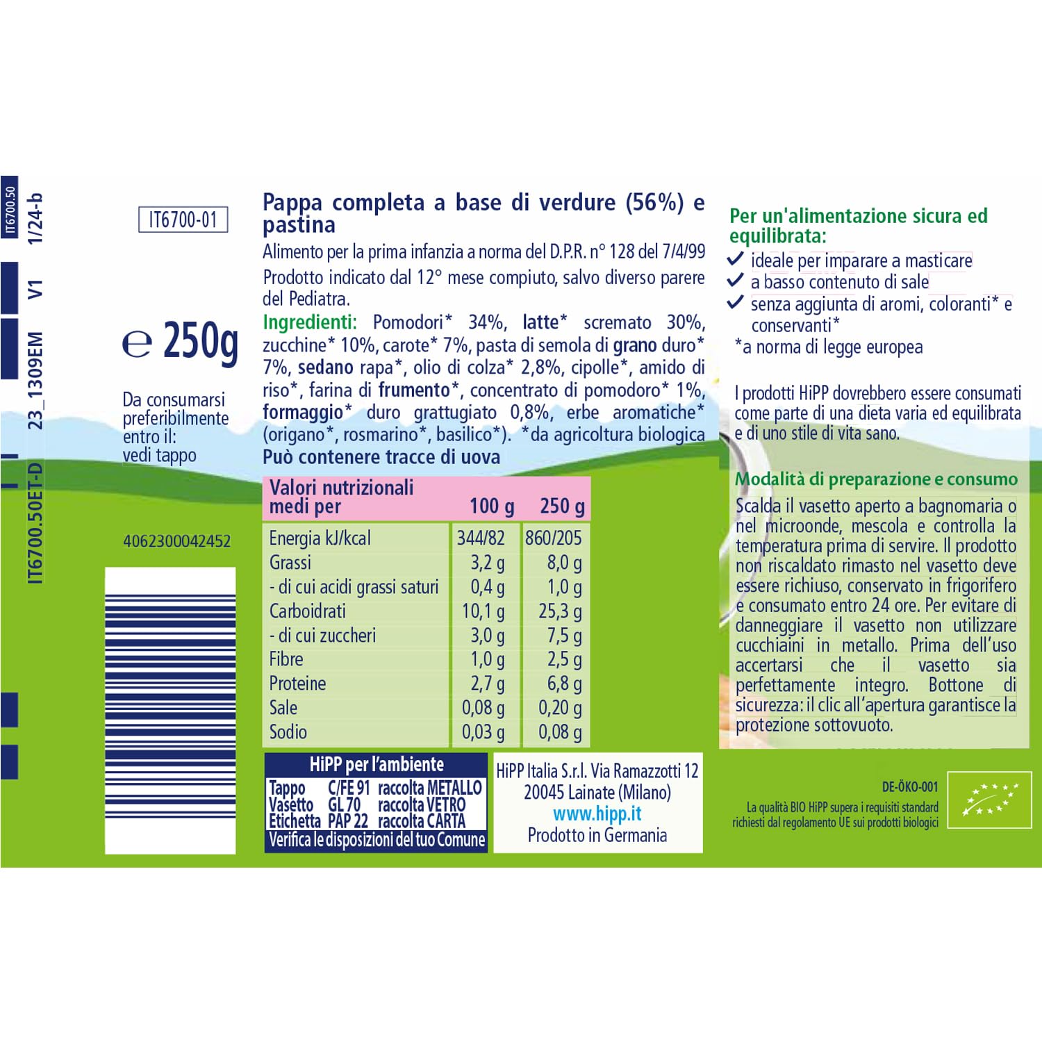HiPP - Pappa Pronta Completa Bio, Ditalini Alle Verdure, 6 Confezioni da 250 g