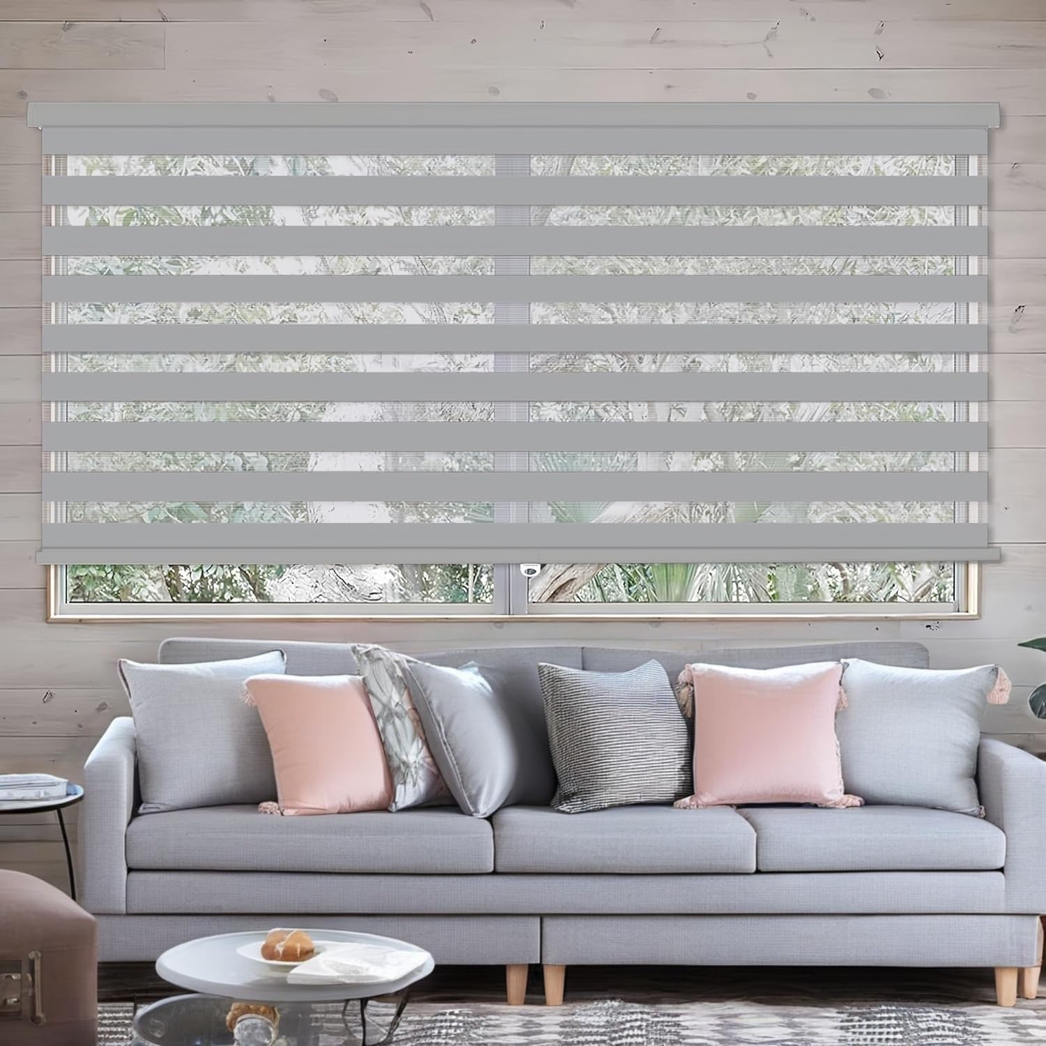 Cordless Zebra Blinds- Free Stop Roller Shades for Windows Dual Layer Light Control Fabric for Home Office Kitchen Day and Night Window Drapes Blinds & Shades Gray. 97Wx(12" H to 98" H Customizeize)